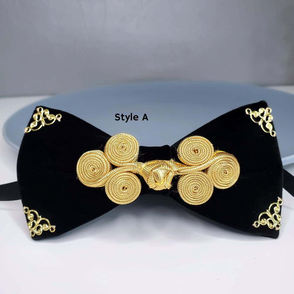 Black Velvet Bow Tie with Gold Knot
