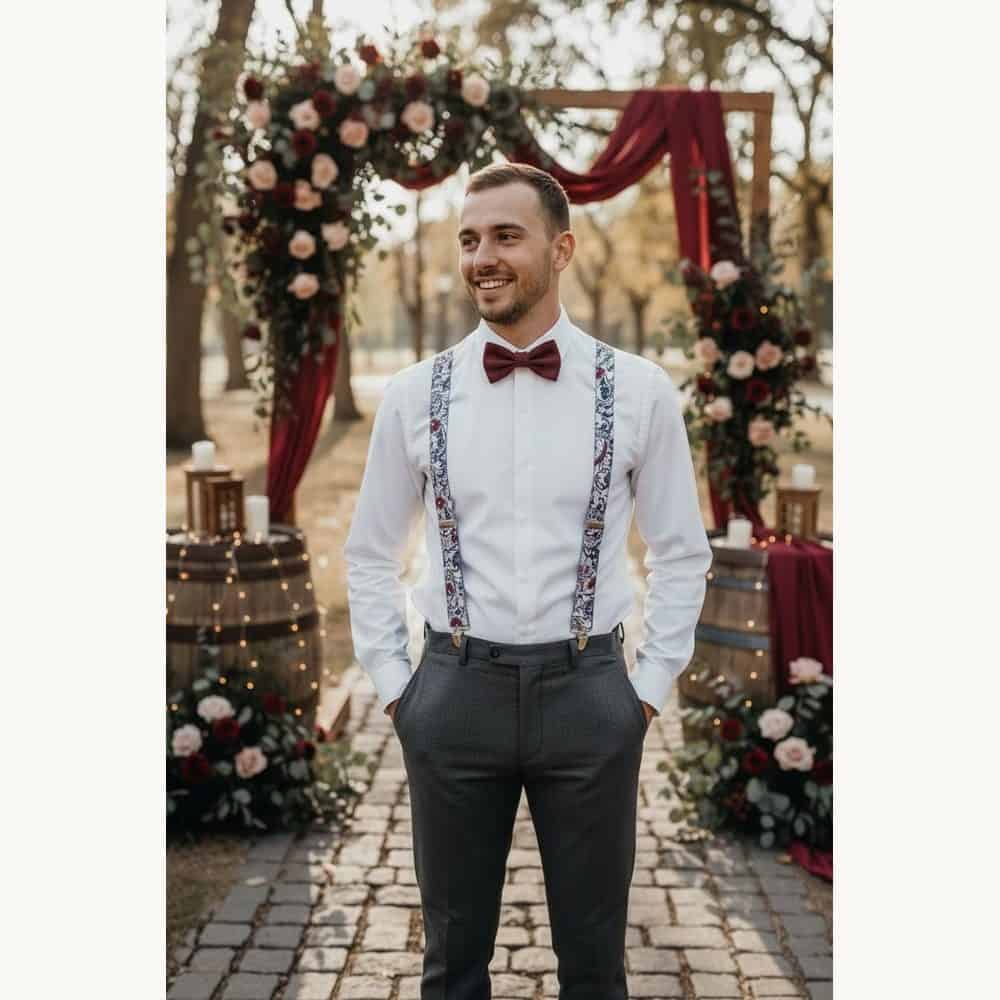 Burgundy Bow Tie and Paisley Suspenders