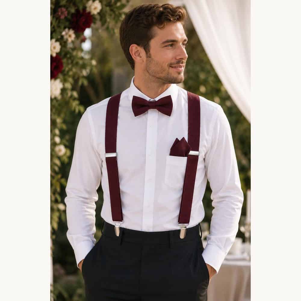Burgundy Bow Tie, Suspenders and Pocket Square Set