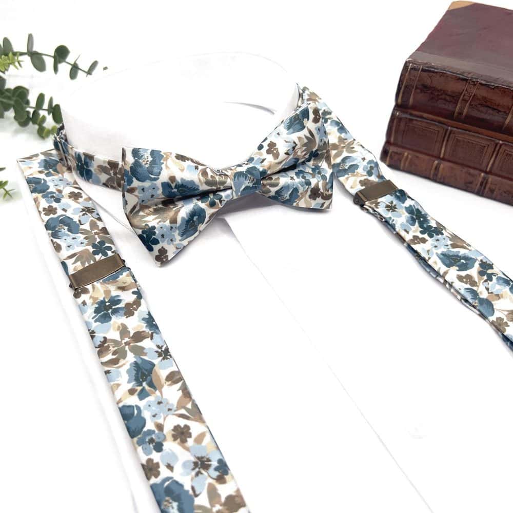 Dusty Blue Floral Bow Tie and Suspenders