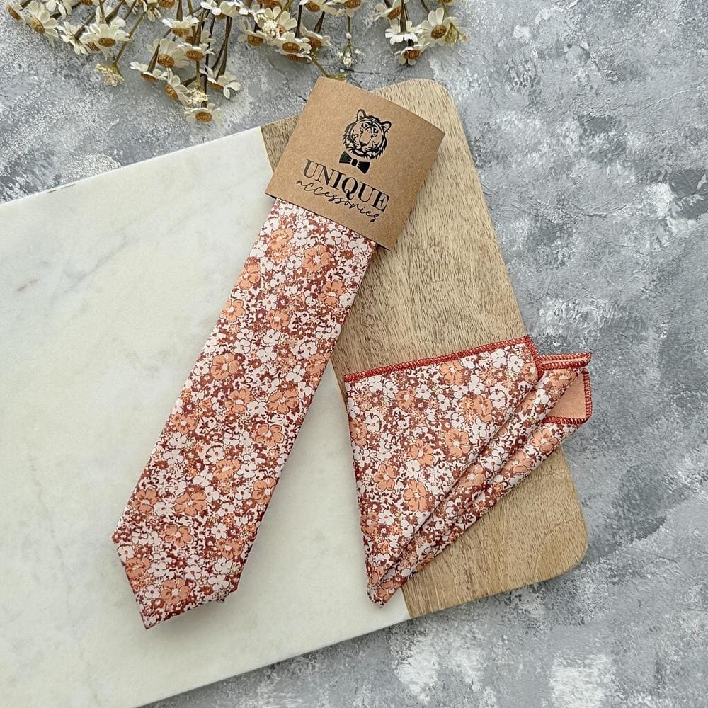 Rust Orange Floral Skinny Tie Set