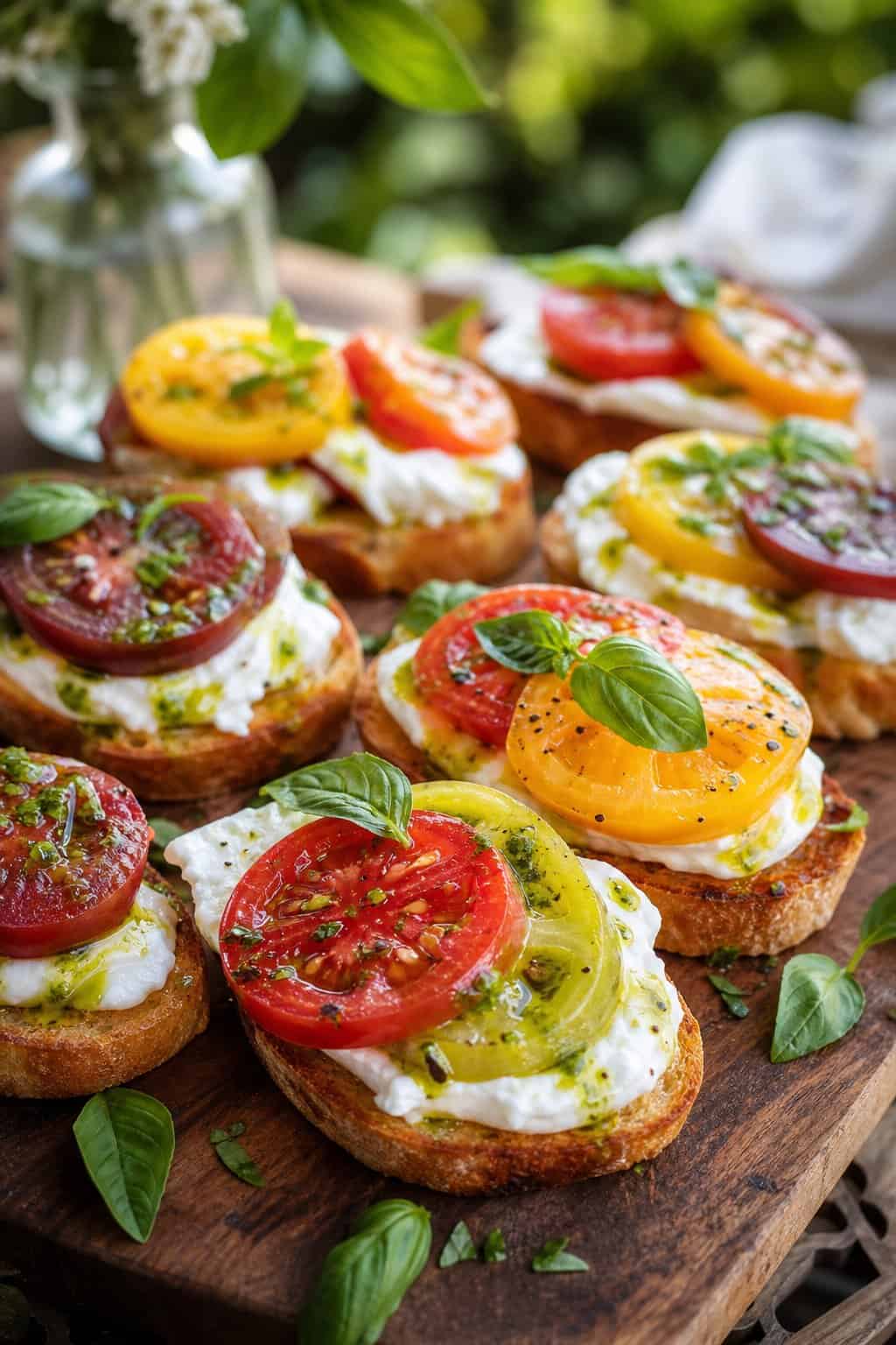 Toasted baguette rounds on a wooden board, each topped with torn burrata, halved heirloom cherry tomatoes in red and yellow, and a bright green basil oil drizzle.