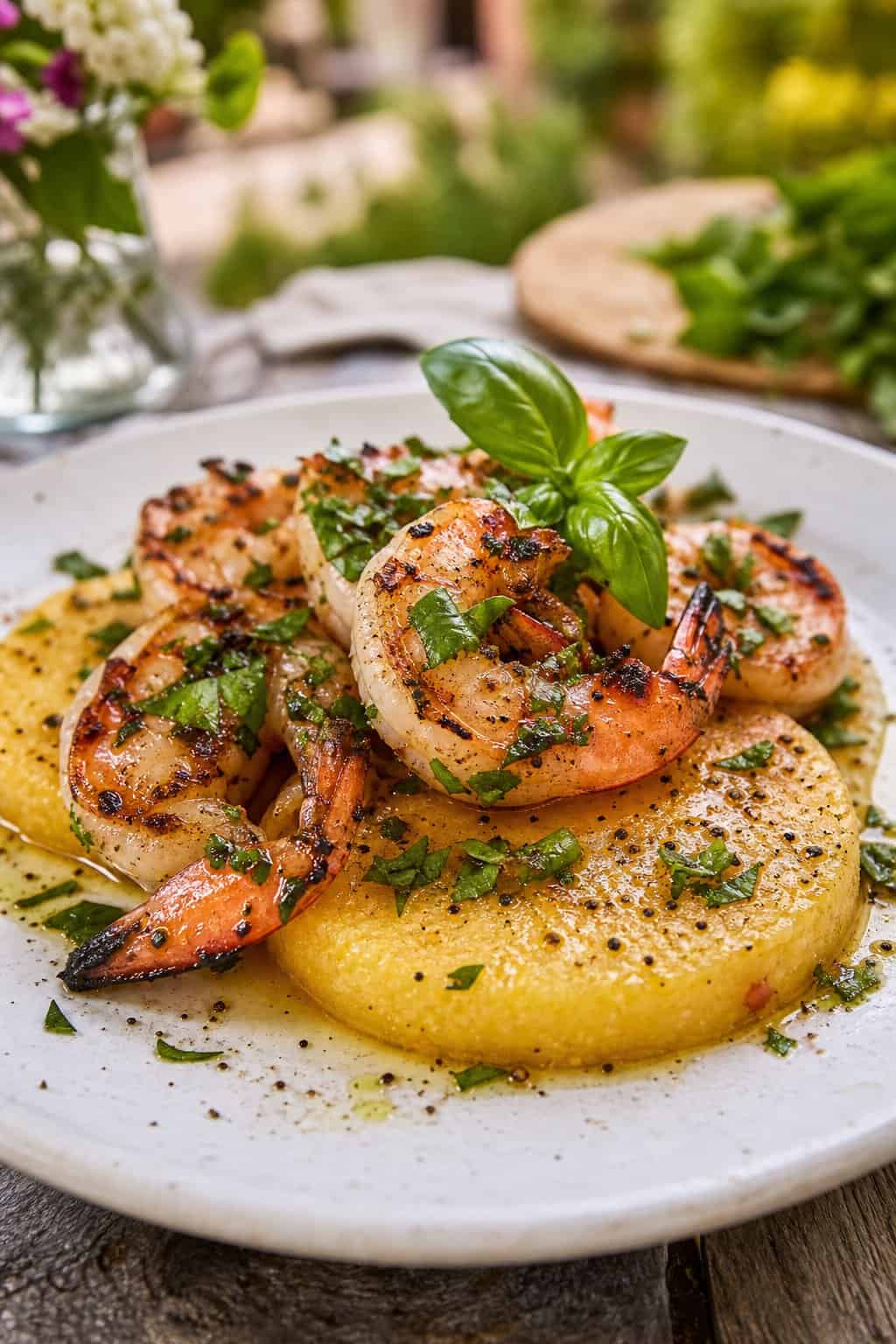 Golden polenta rounds on a wooden table, each topped with a pink grilled shrimp and a scattering of green fresh herbs, a lemon wedge resting on the side of the plate.