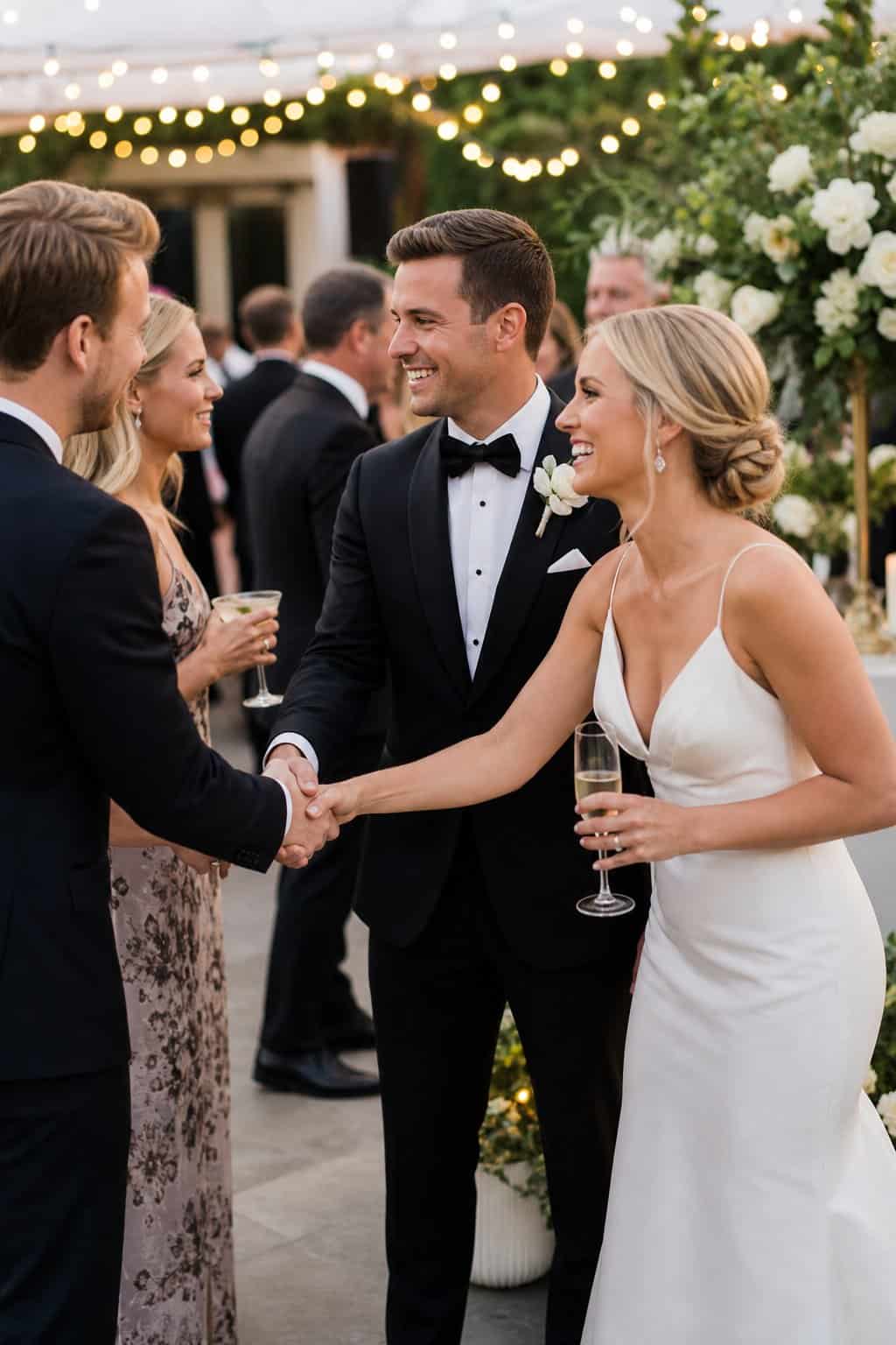 Guests holding wine glasses chatting in small groups at a cocktail hour reception with a couple visible in the background greeting a family.
