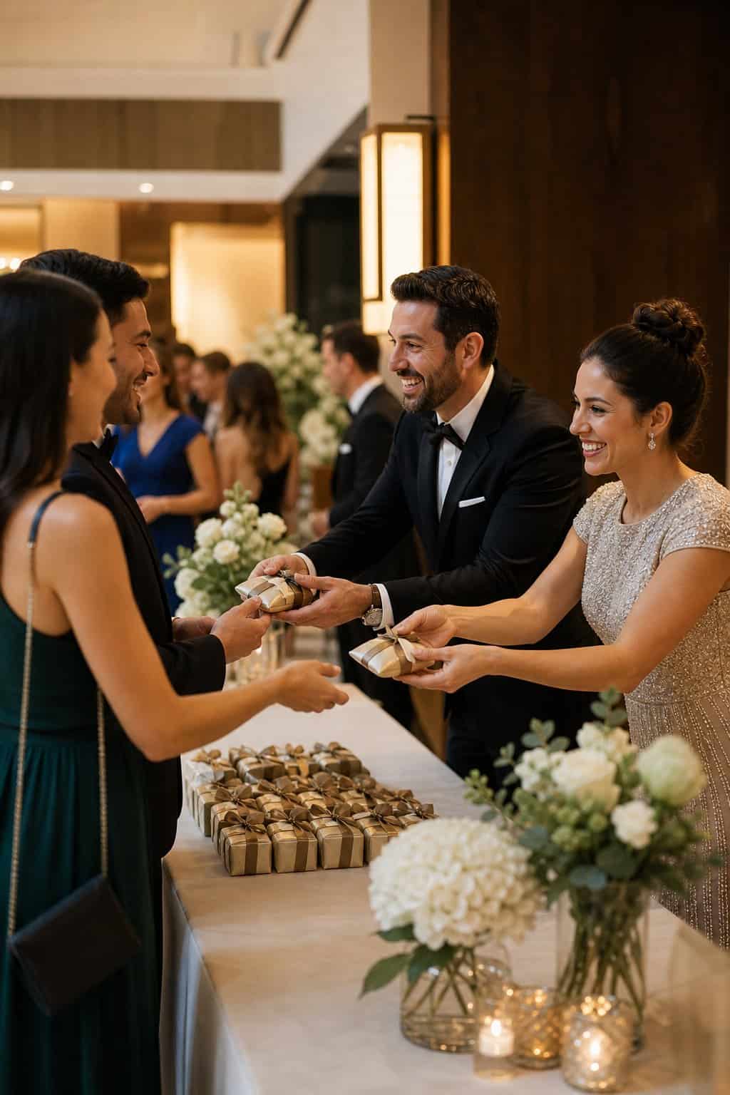 Wedding attendants in formal attire handing small wrapped favors to guests as they pass through a receiving line at an evening reception.