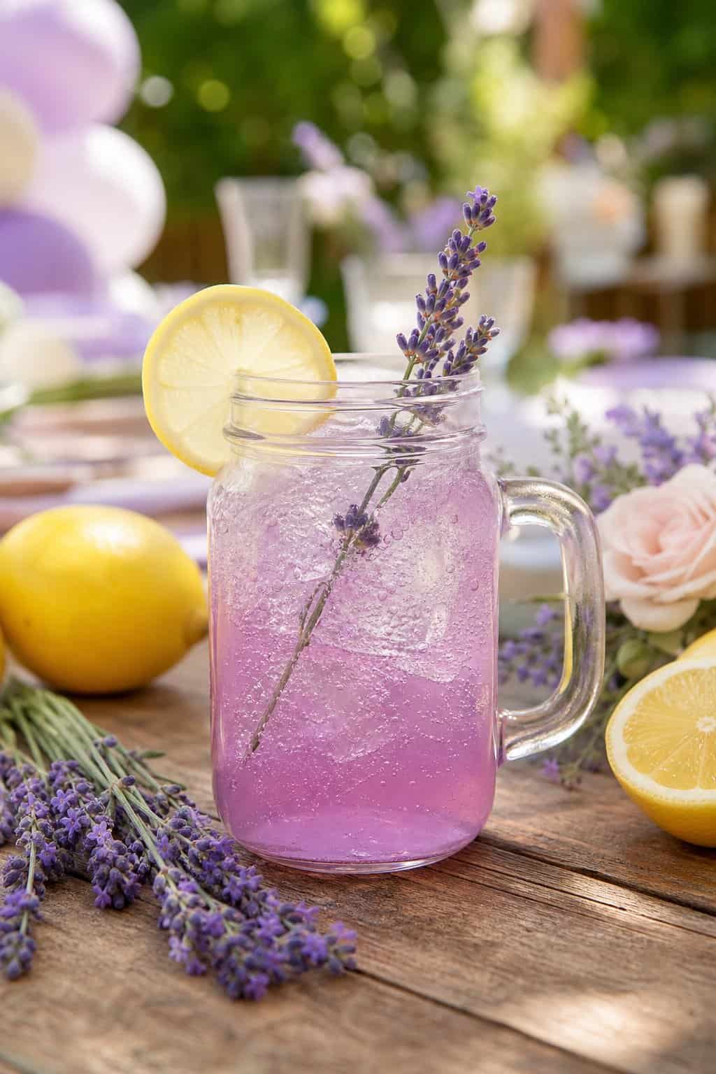 A glass jar of pale lavender-pink lemonade with a Prosecco float, sugar-rimmed edge, lavender sprig garnish, and lemon rounds on a wood surface surrounded by fresh lavender stems.
