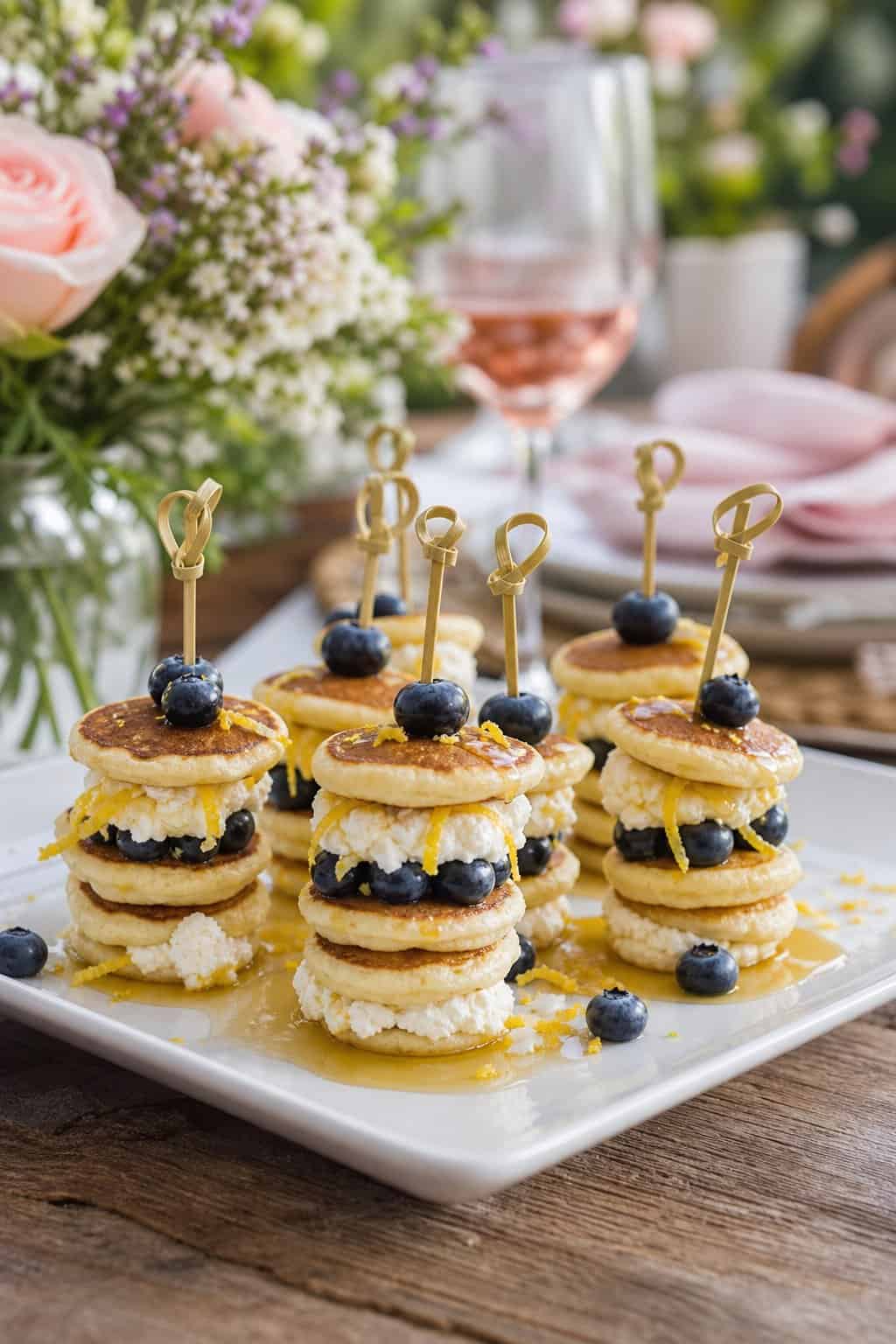 Wooden skewers threaded with small golden ricotta pancakes and fresh blueberries on a platter, a light dusting of powdered sugar visible, backyard party setting blurred behind.