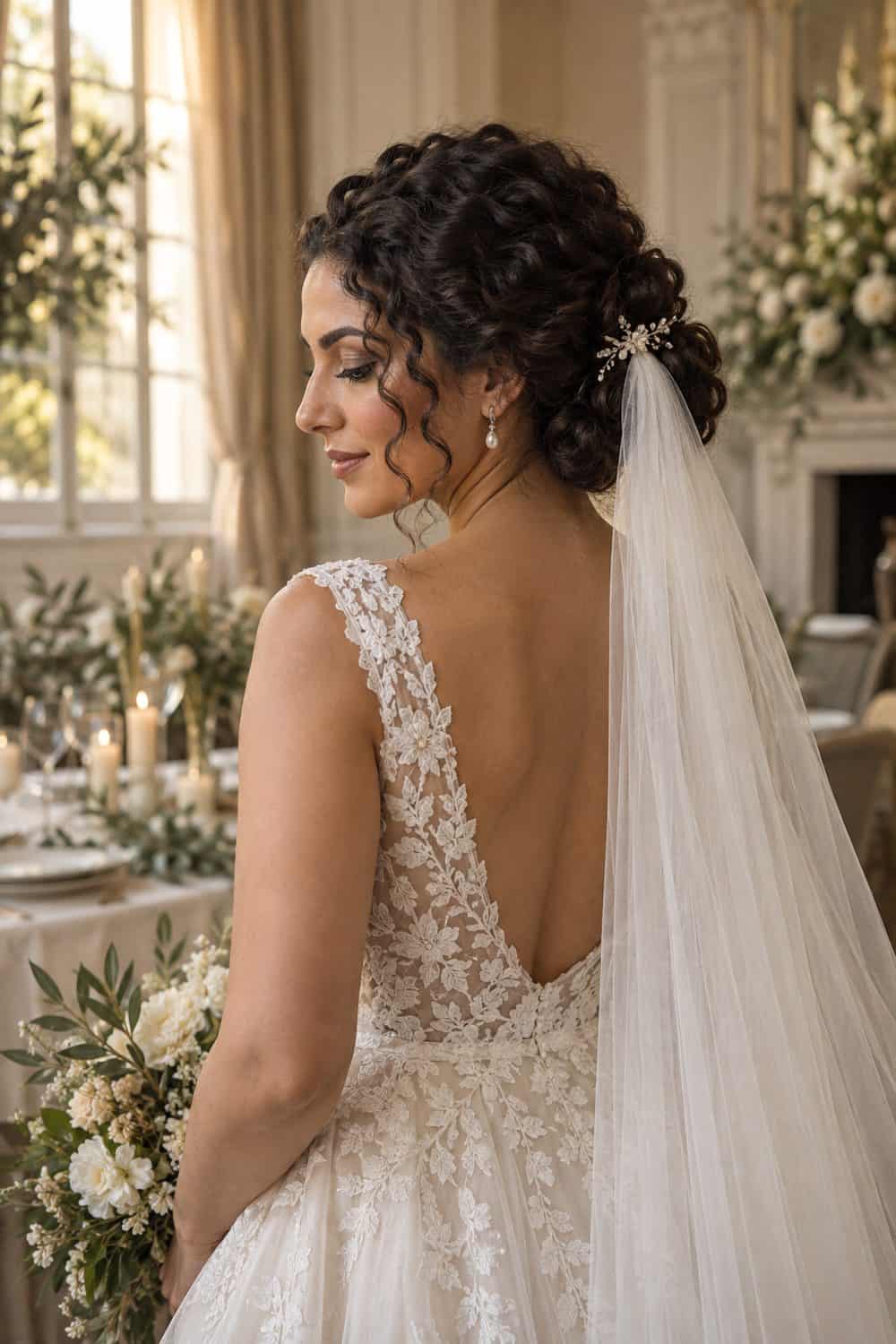 Curly Low Bun with Veil wedding inspiration