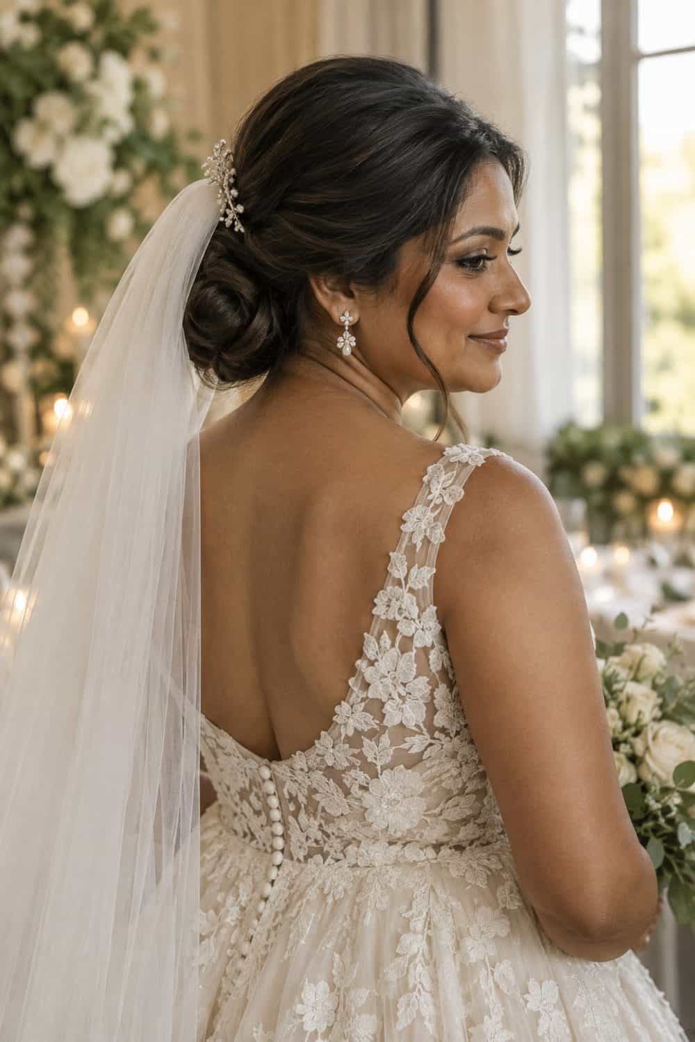 Loose Textured Bun with Veil Above wedding inspiration