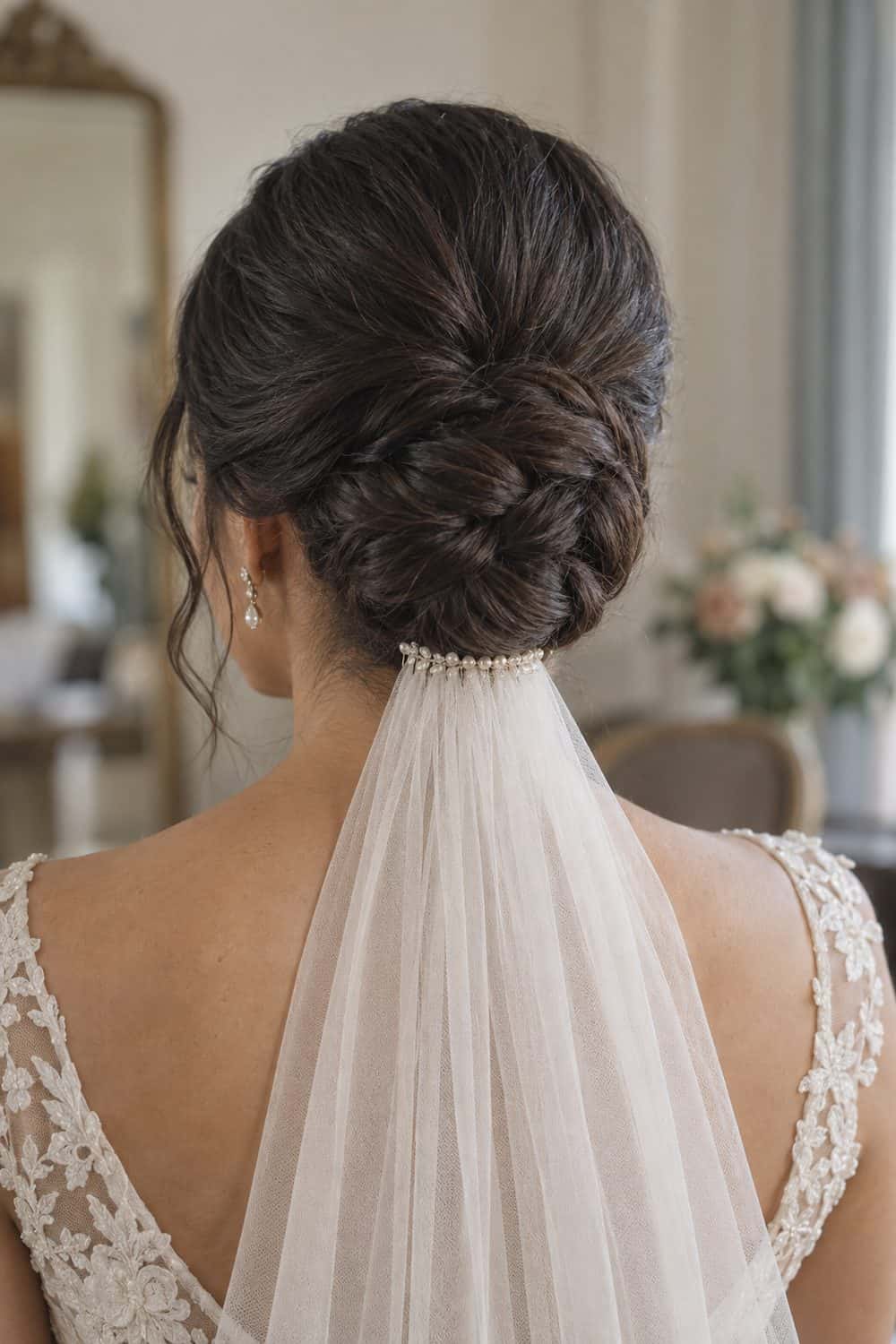 Low Basket-Weave Bun with Veil Below wedding inspiration