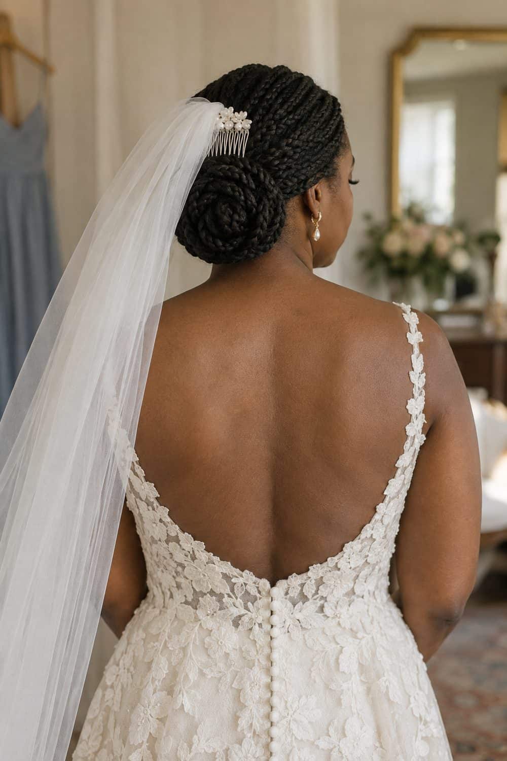 Low Braided Rose Bun with Veil wedding inspiration