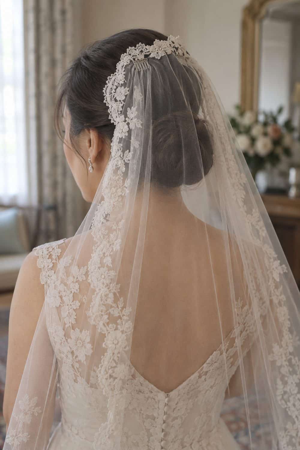 Low Bun with Mantilla Crown wedding inspiration
