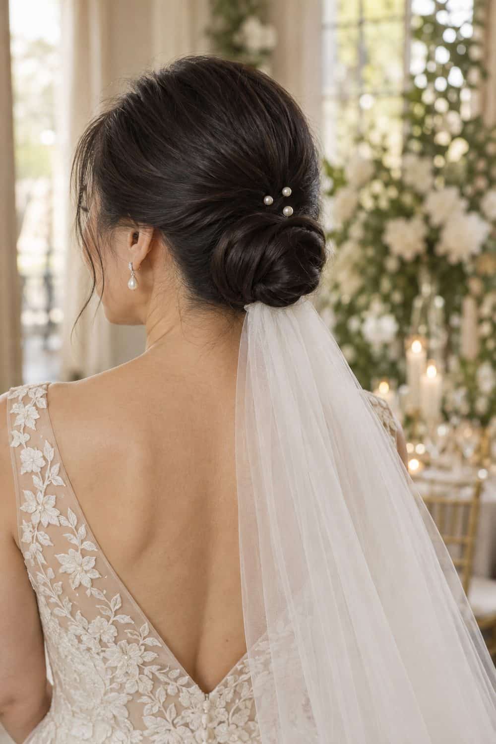 Low Bun with Pearl Pins and Veil wedding inspiration