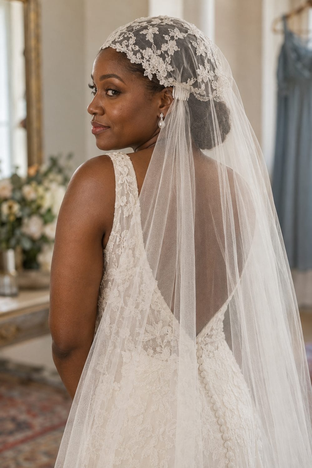Low Coil Bun with Juliet Veil wedding inspiration