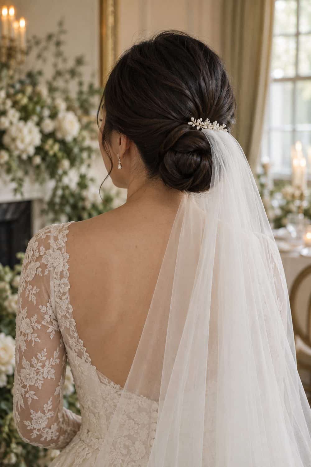 Rolled Low Bun with Veil Above wedding inspiration
