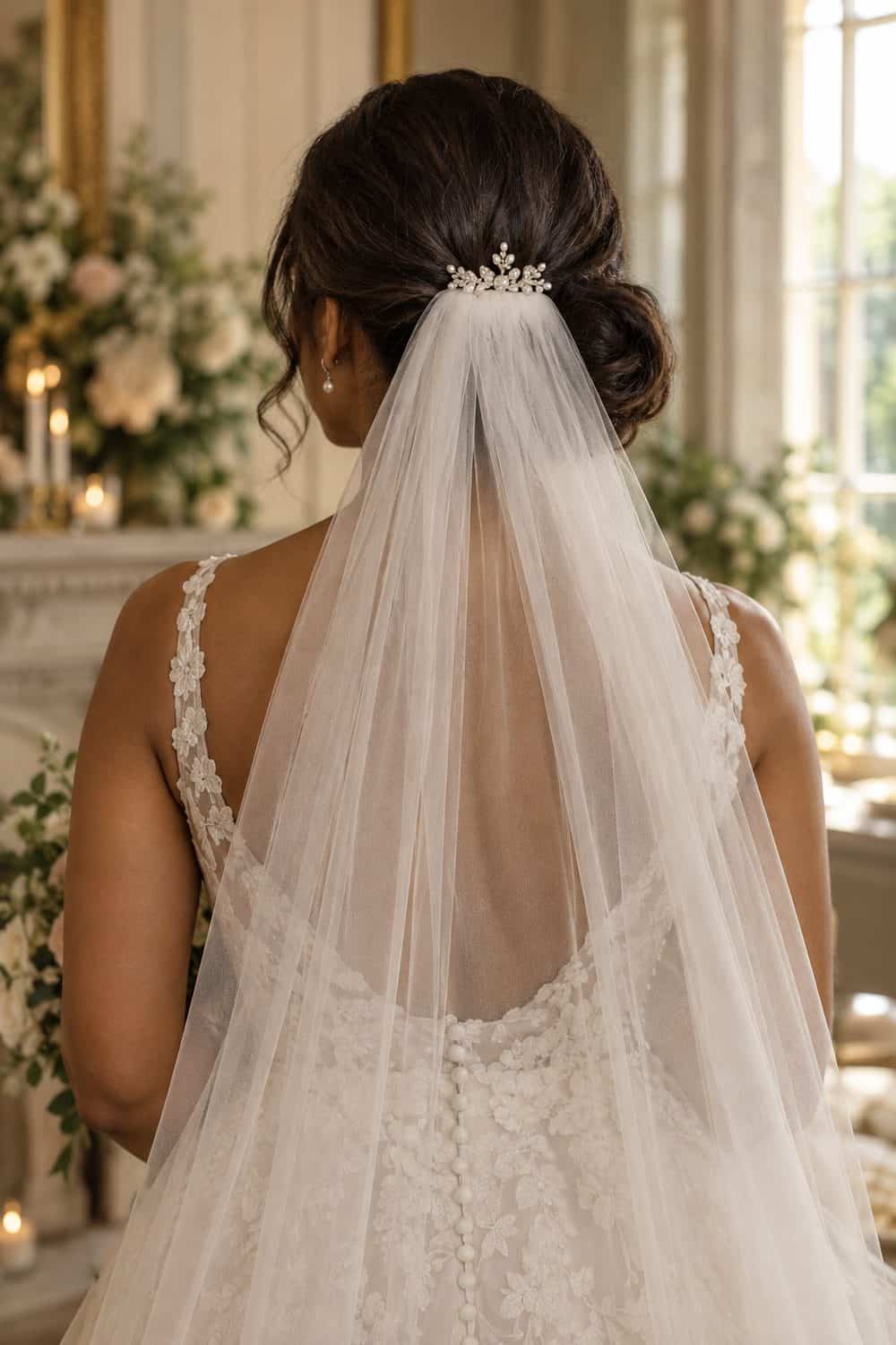 Side Low Bun with Centered Veil wedding inspiration
