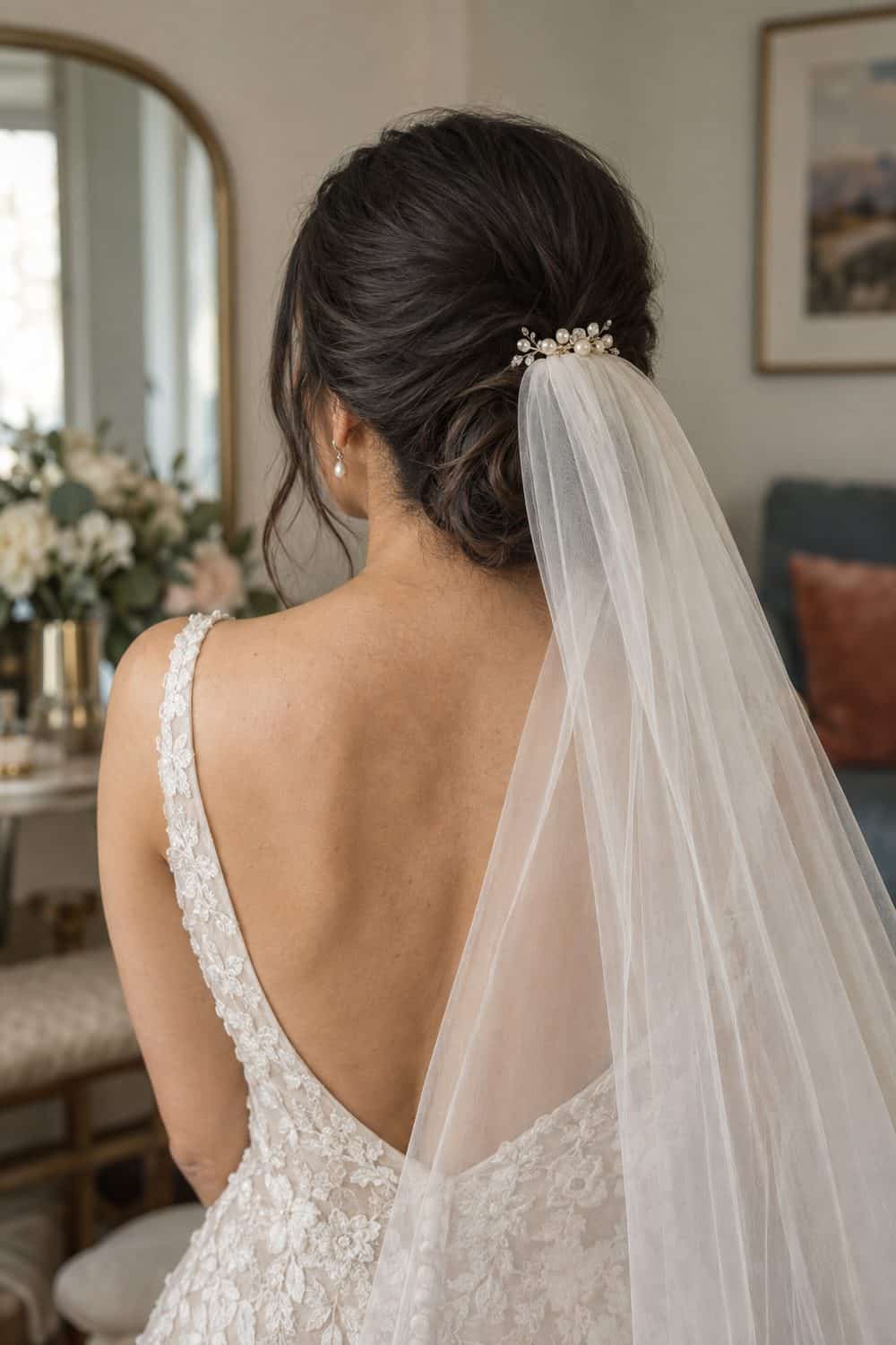 Soft Low Bun with Draped Veil wedding inspiration