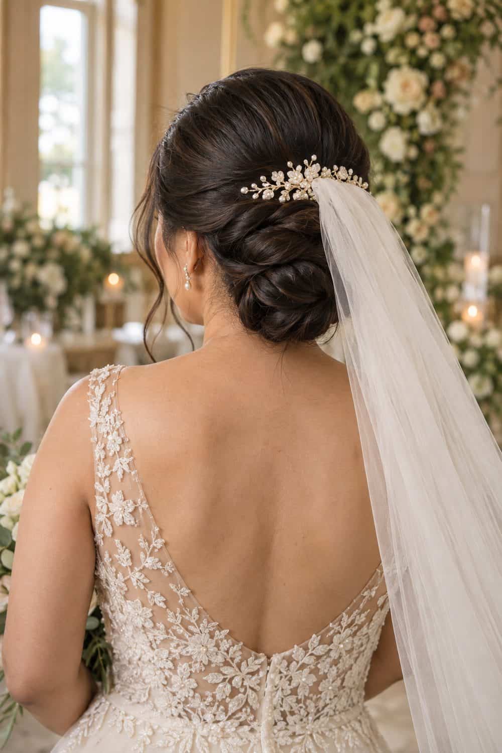 Twisted Low Bun with Veil wedding inspiration