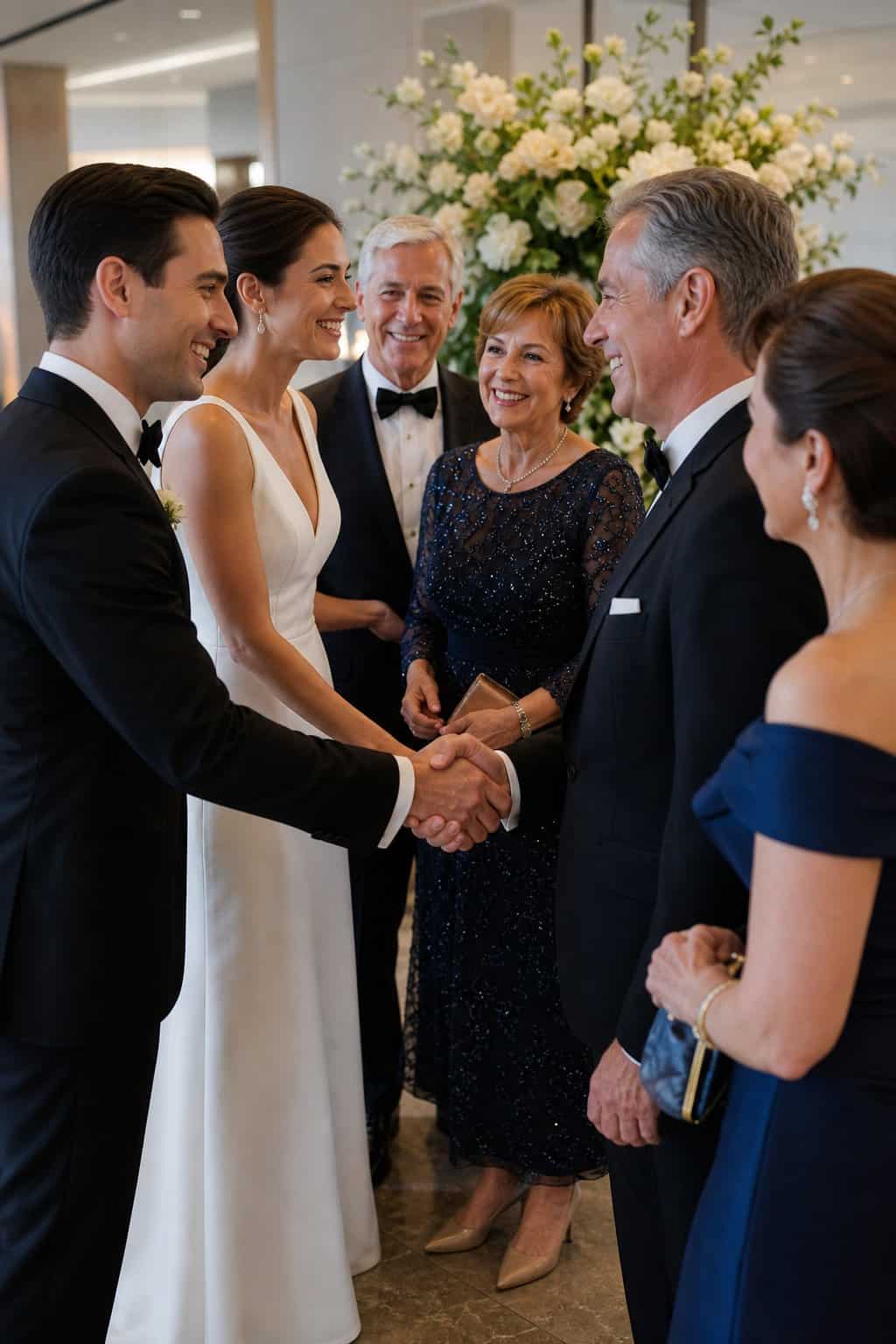 A bride and groom embracing a small group of older relatives and close friends in a bright indoor reception space shortly after the ceremony.