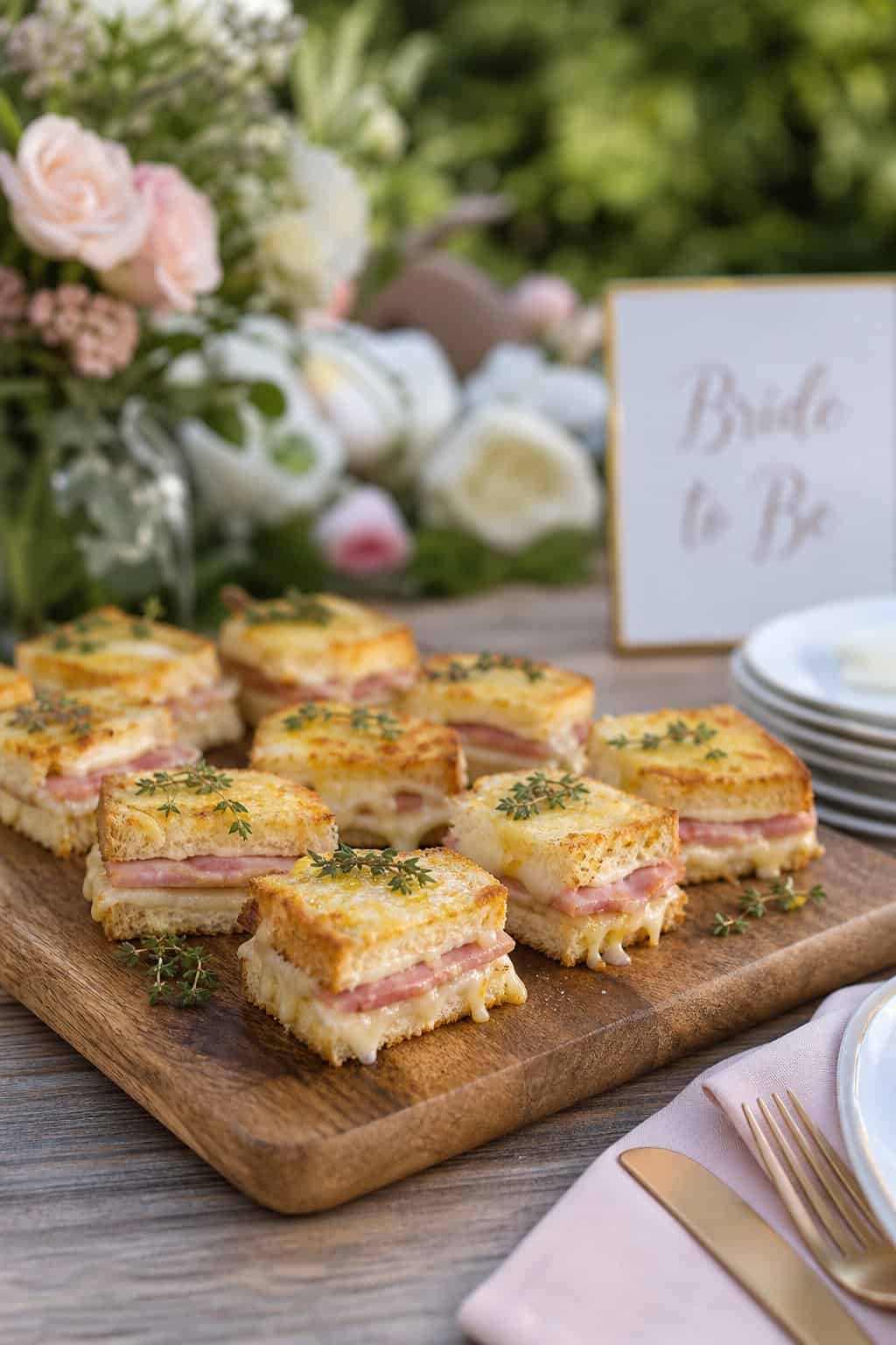 A wooden board of mini croque-monsieur sliders with melted Gruyère pooling over glossy golden-brown roll tops, set beside small floral arrangements outdoors.