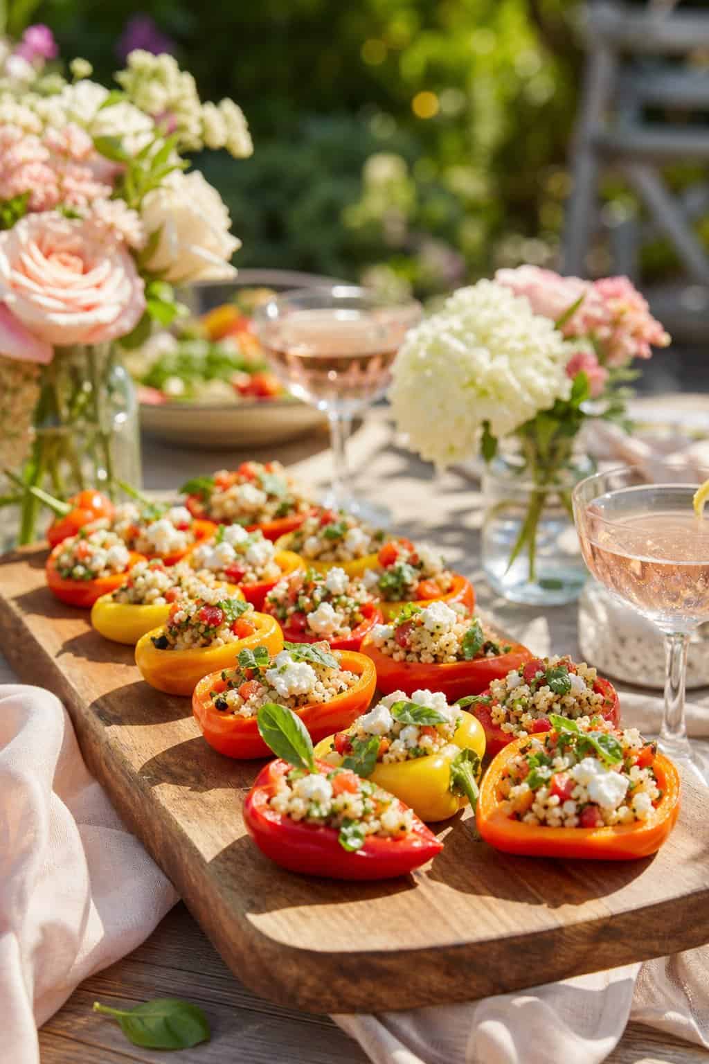 Mini sweet bell peppers in red, yellow, and orange halved and filled with a quinoa-feta mixture on a wooden board, flowers and drink glasses softly visible in the background.