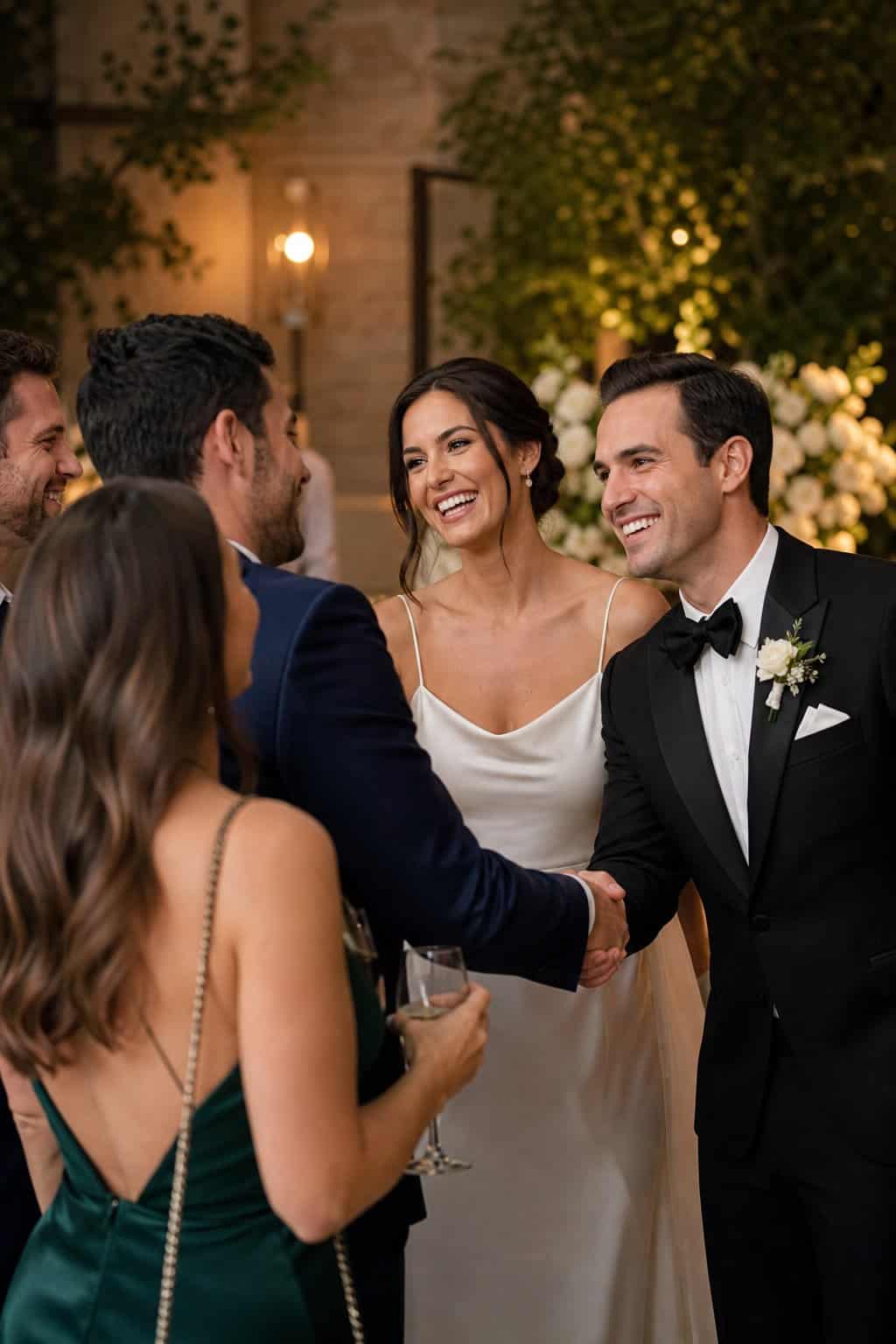 A couple pausing in a receiving line to share a warm, unhurried greeting with an older guest in a softly lit event space.