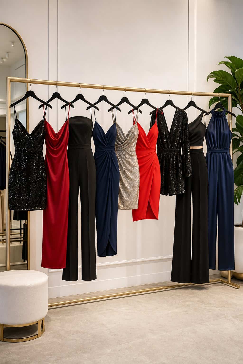 Nine wrinkle-resistant bachelorette party outfits in black, navy, and neutral tones displayed on a clothing rack in a boutique.