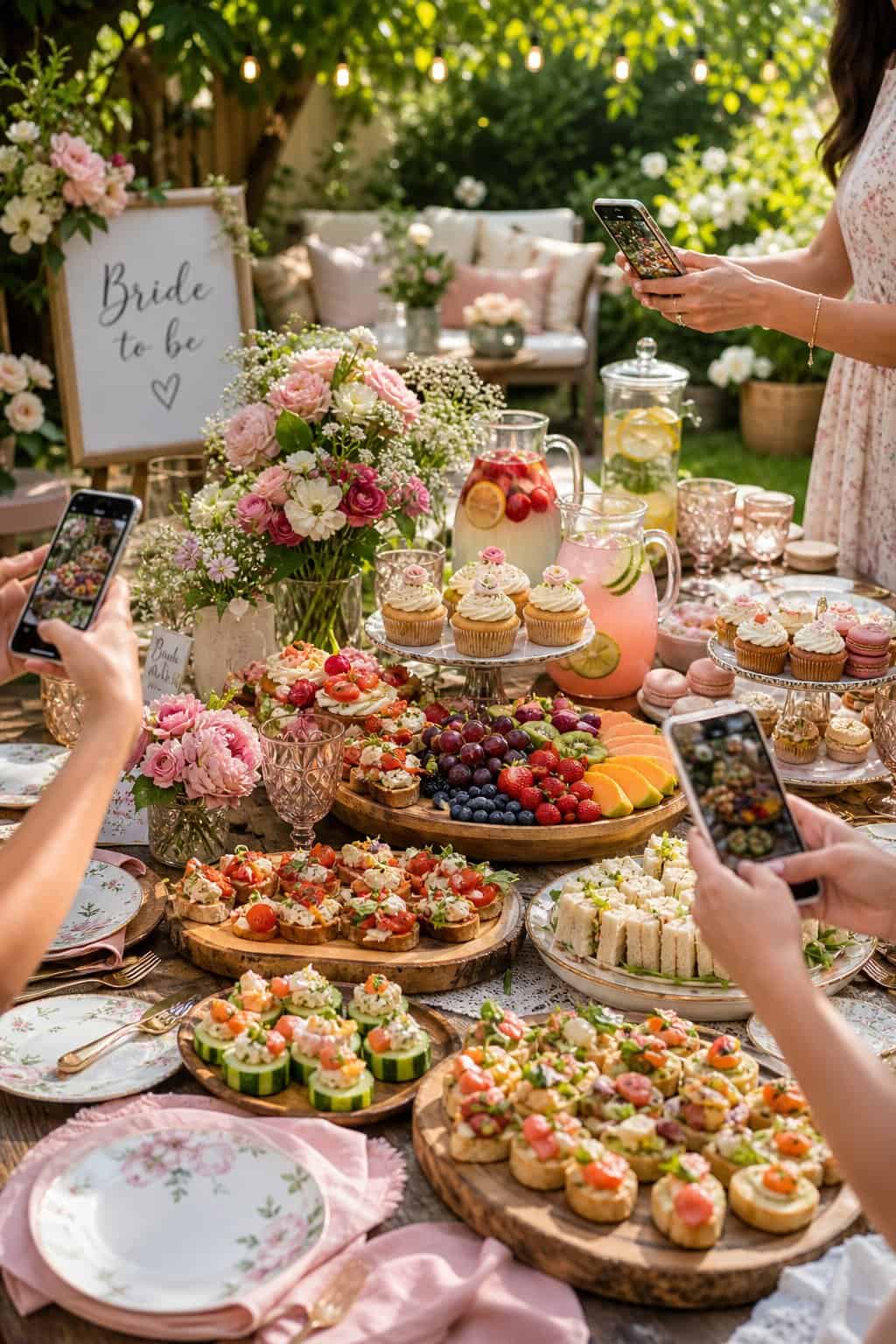 An outdoor bridal shower table spread with colorful dishes arranged on white linen, guests holding flutes in the soft background.