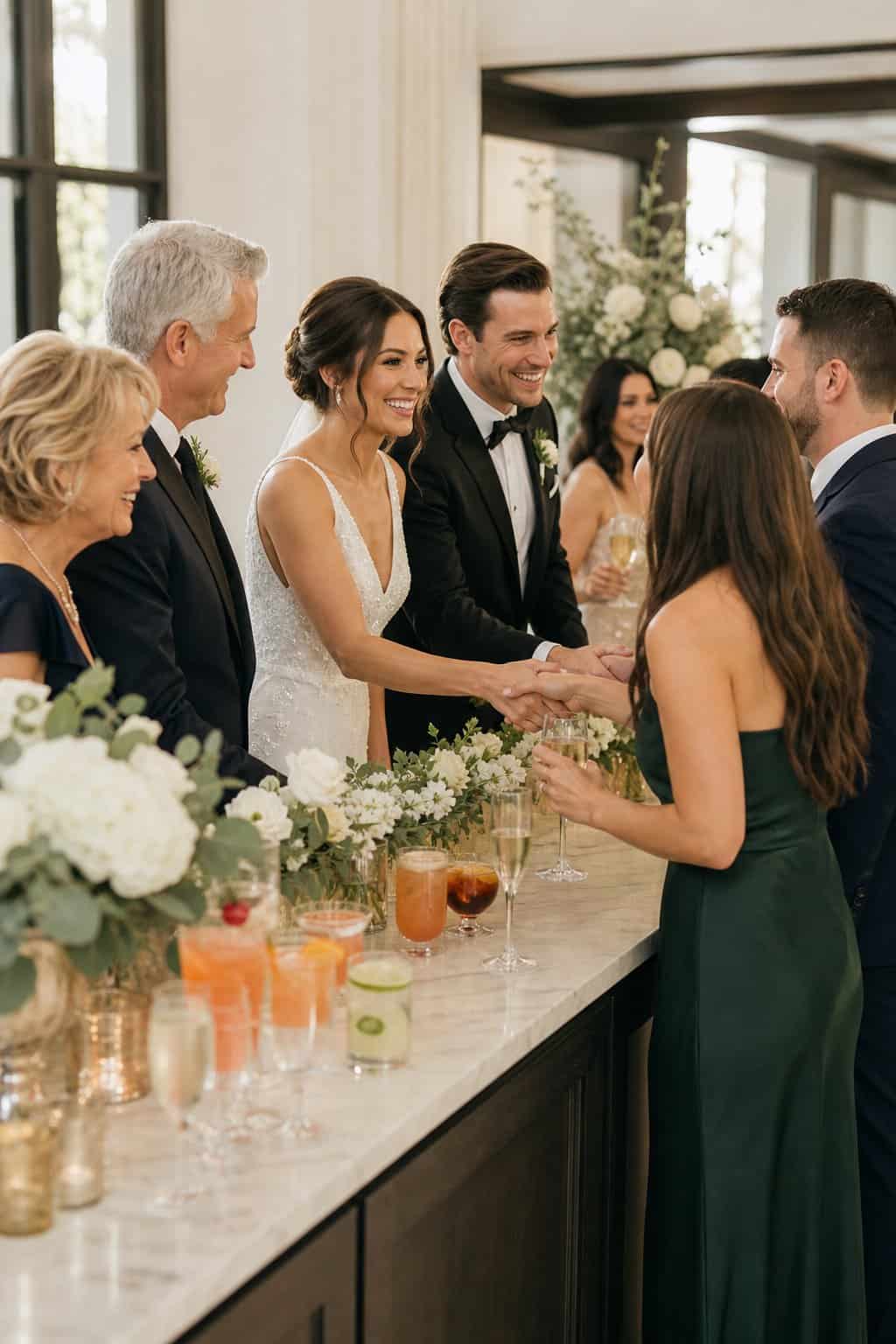 A decorated welcome drink station with a batch cocktail dispenser, stacked glasses, and a small chalkboard sign placed at the start of a wedding receiving line.