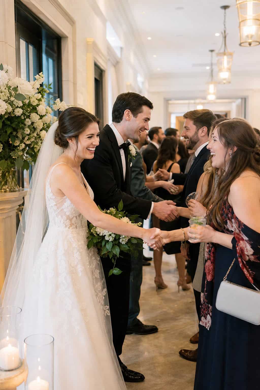 Bride and groom greeting guests in a receiving line inside a venue corridor connecting the ceremony space to the cocktail reception area.