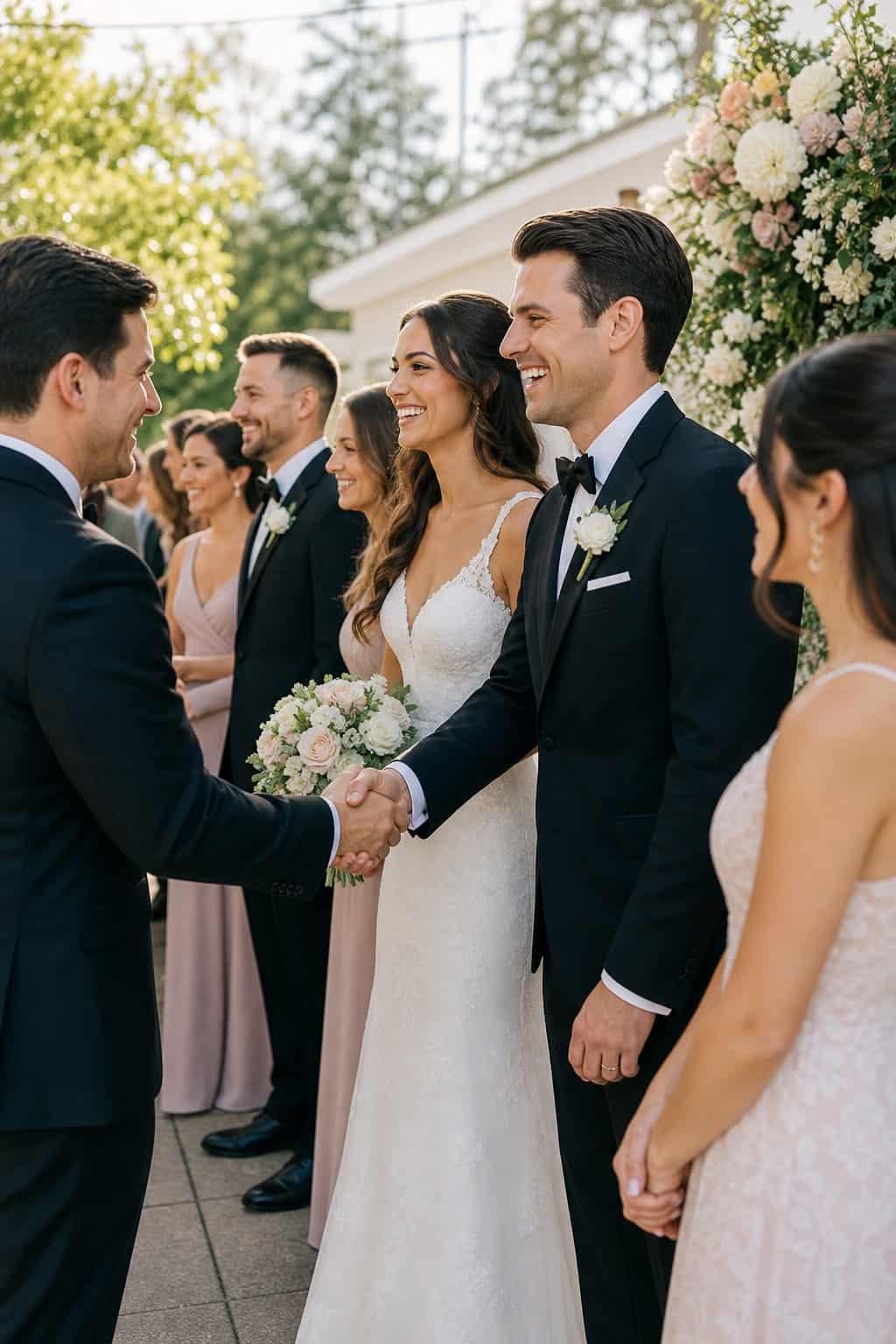 A couple and their wedding party practicing a receiving line walkthrough at an outdoor ceremony venue during the rehearsal.
