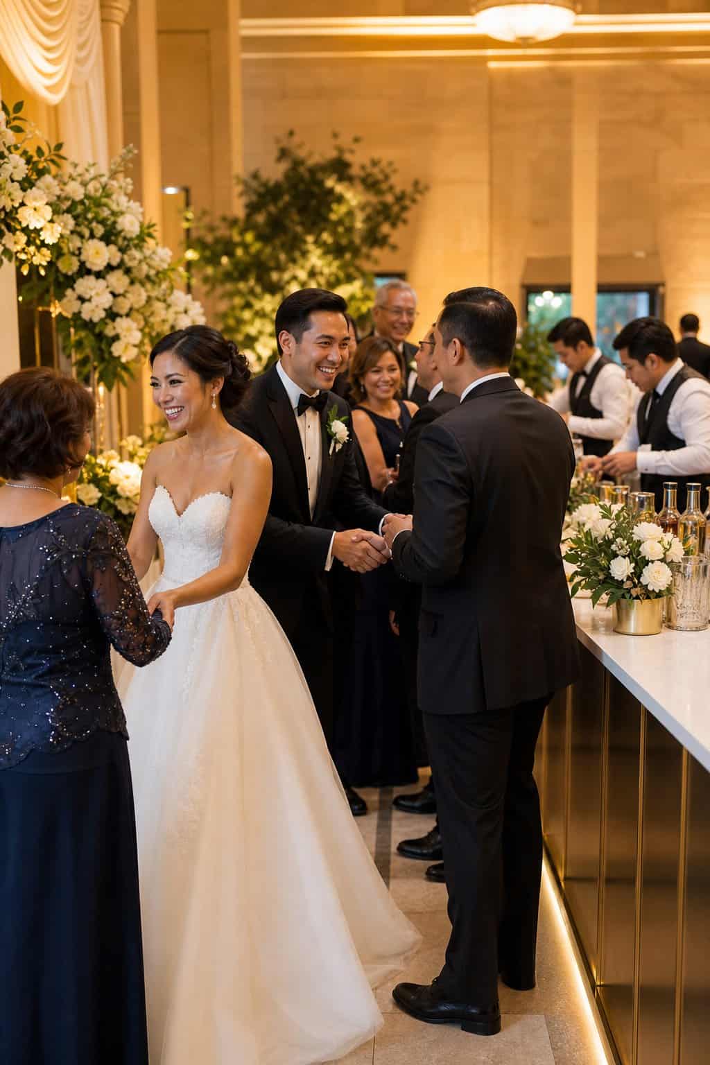Guests in evening attire greeting a newlywed couple in a short receiving line just outside a ceremony space, with an outdoor garden reception visible beyond.