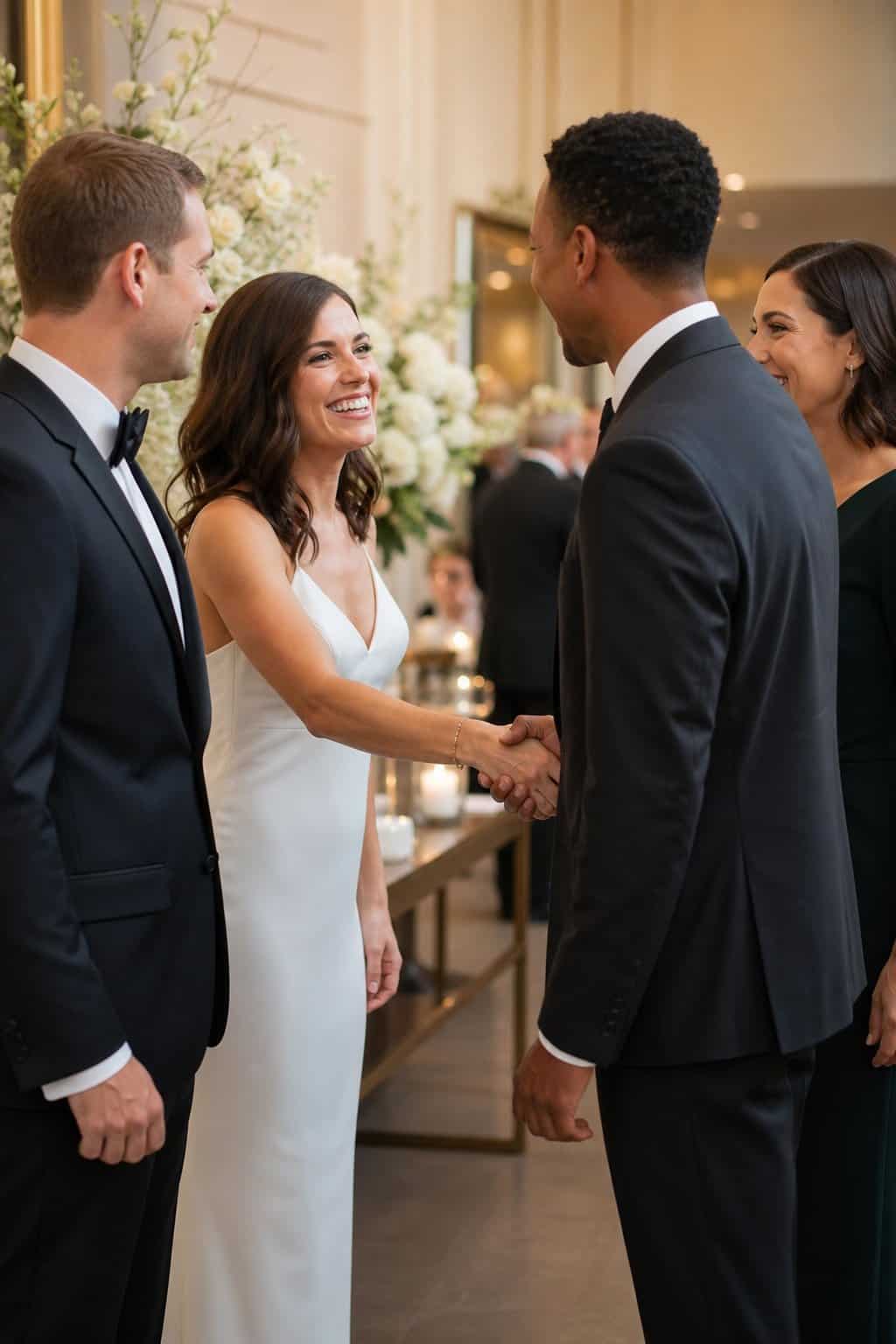 Four people standing in a short receiving line greeting guests at a formal indoor event with natural light coming through tall windows.