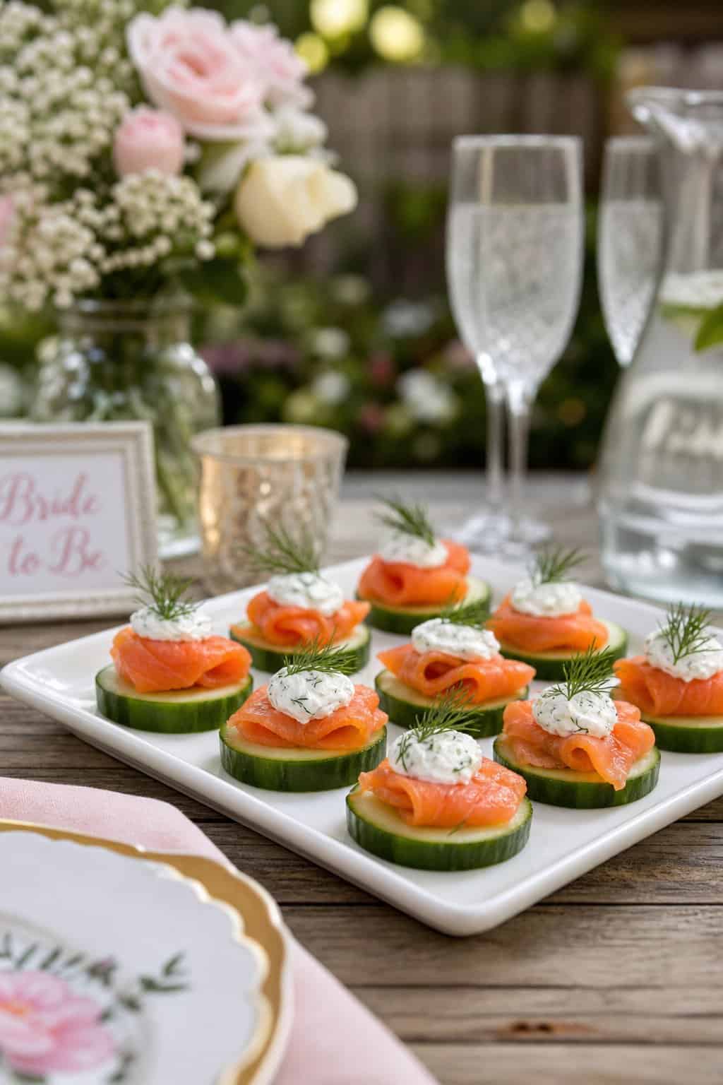 Rows of cucumber rounds on a white platter, each topped with a pale cream dollop of dill crème fraîche and a folded piece of coral smoked salmon, backyard setting softly blurred behind.
