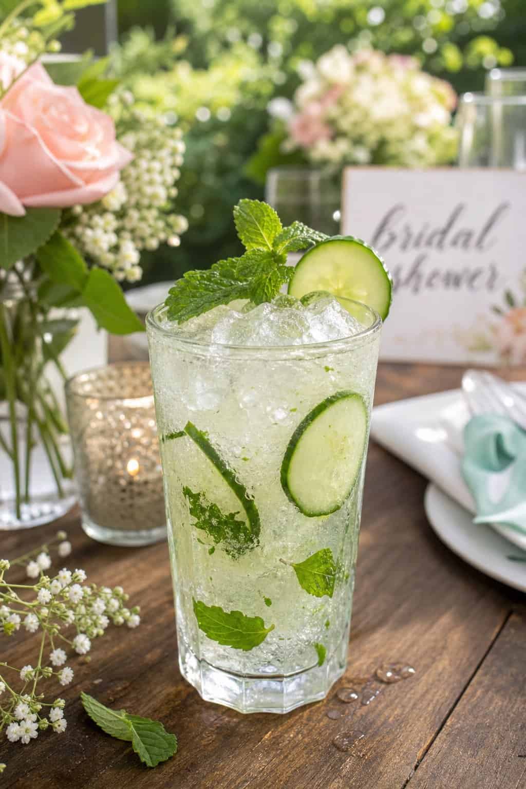 A short glass packed with crushed ice and a pale green cucumber-mint gin julep, garnished with a fresh mint sprig and a thin cucumber ribbon, flowers and greenery in soft focus behind.