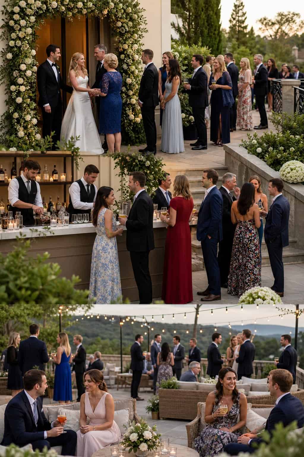 Guests moving through a garden wedding venue past three separate greeting stations near the entrance, cocktail bar, and terrace.