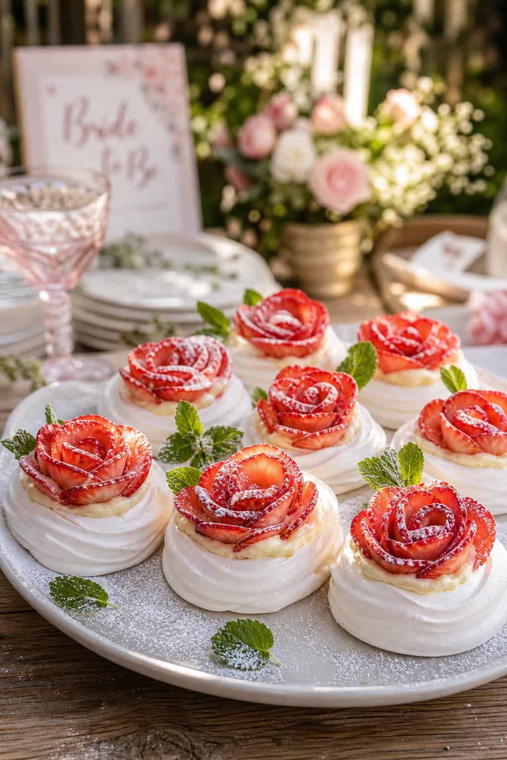 Individual white meringue pavlovas on a wooden outdoor table, each filled with pale pink mascarpone cream and topped with sliced strawberries and a faint jam drizzle, soft greenery in the background.