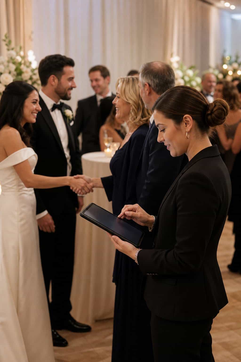 A coordinator holding a tablet near a wedding receiving line, tapping names as guests pass through a decorated venue entrance.