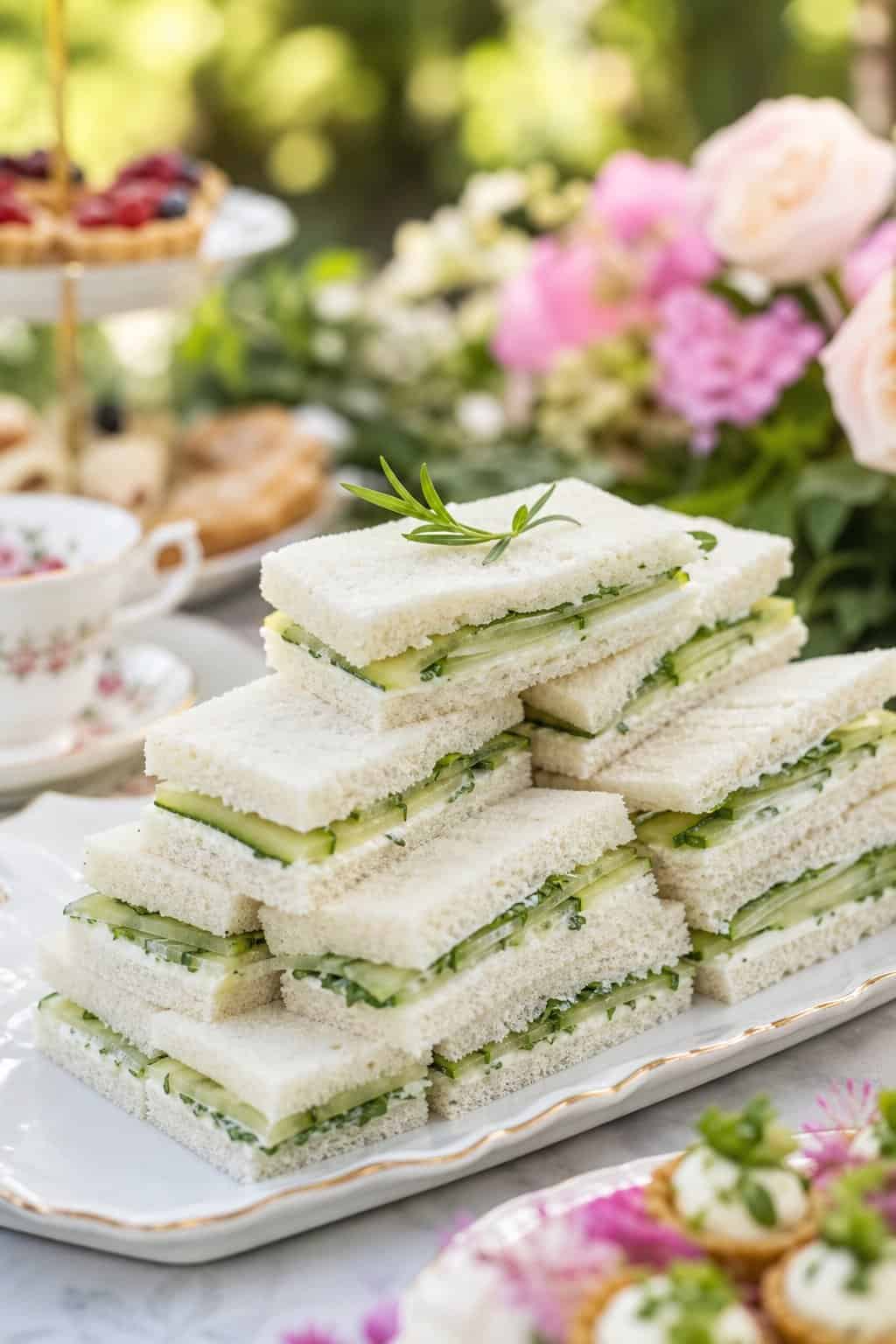 Neat stacks of trimmed cucumber and tarragon finger sandwiches on a white platter, thin green cucumber ribbons visible at the edges, soft greenery and florals in the background.