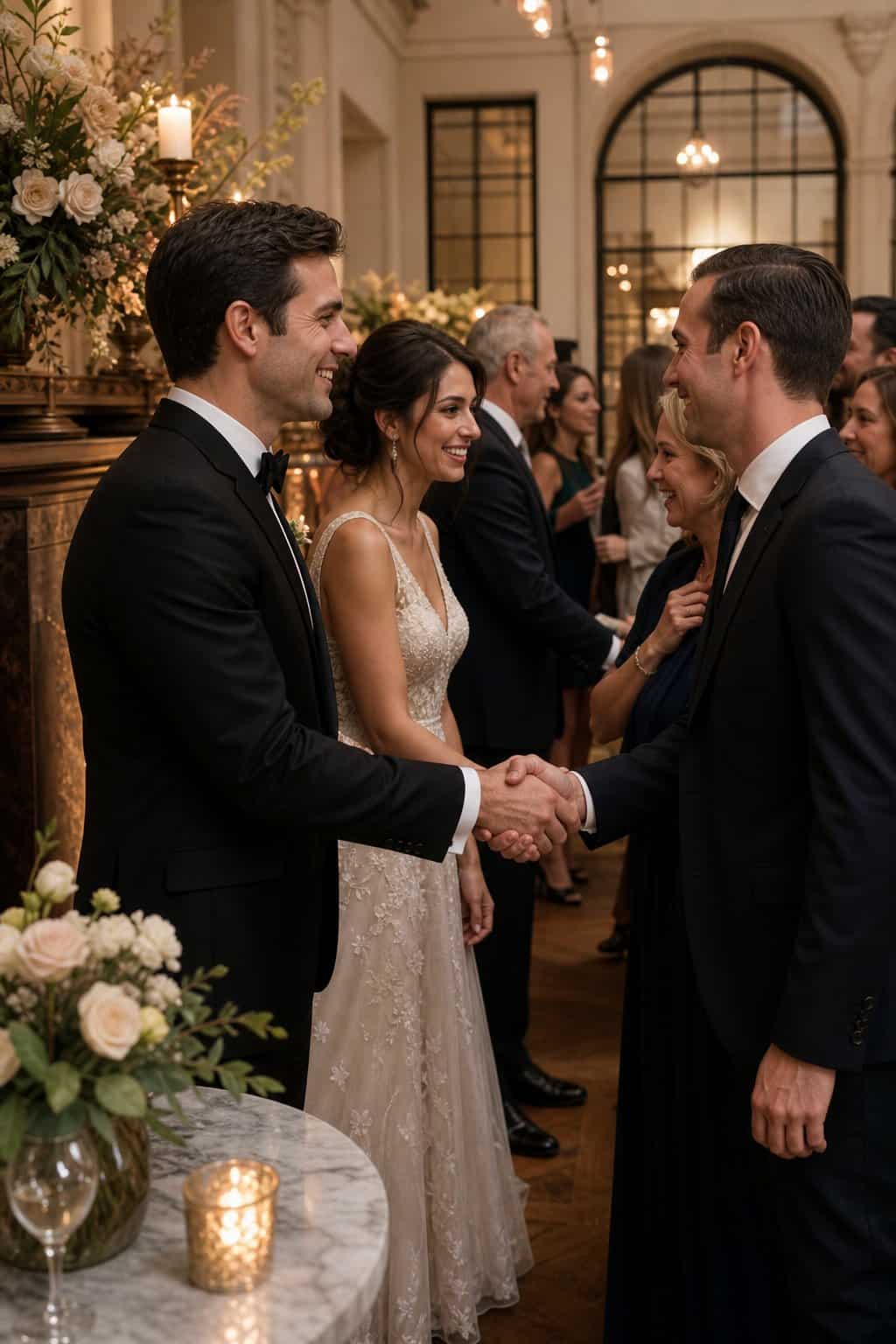 A couple greeting guests in a wedding receiving line near a decorated venue doorway with guests holding champagne flutes nearby.