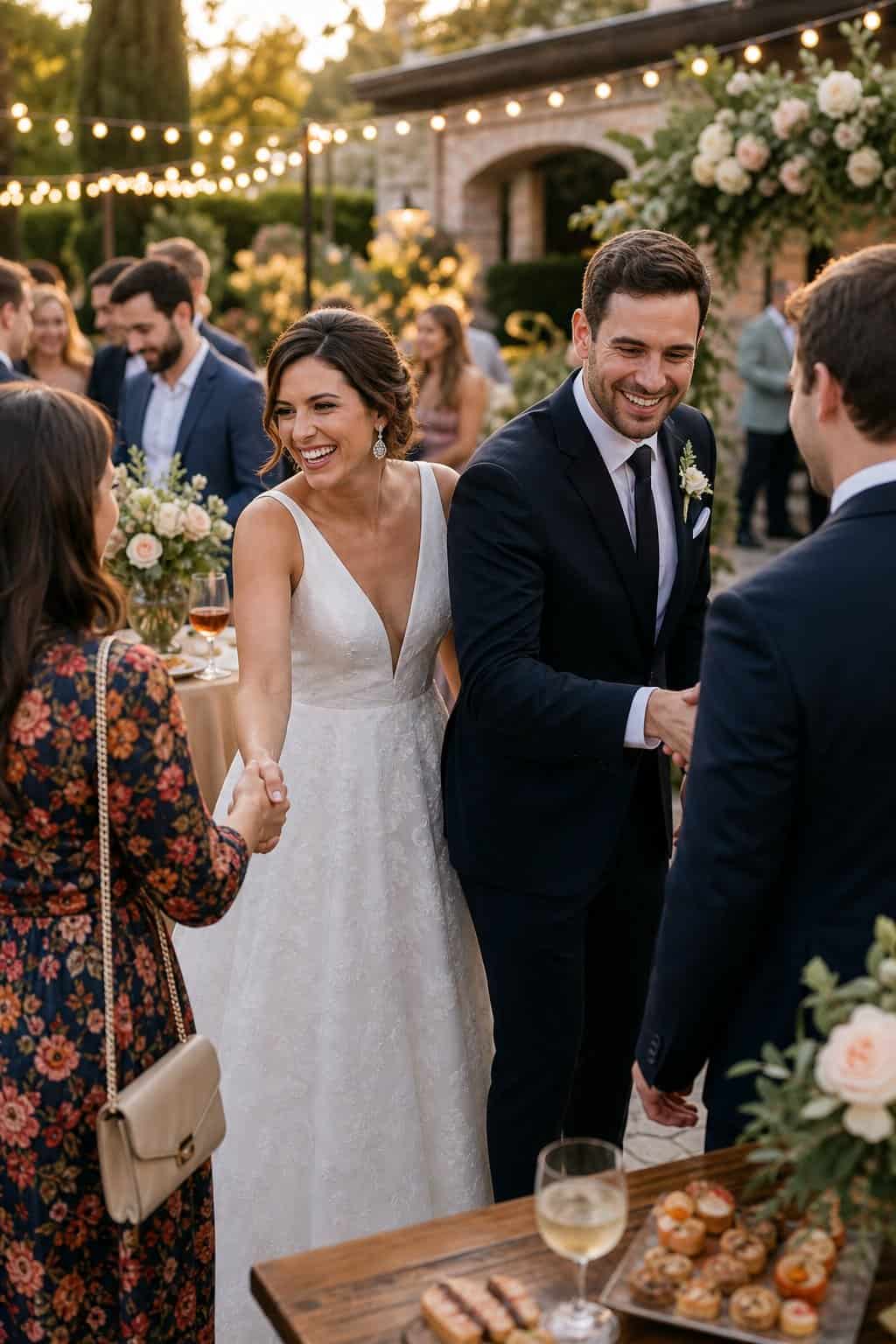 A bride and groom standing at a ceremony exit warmly greeting guests one by one as they pass through an outdoor receiving line.
