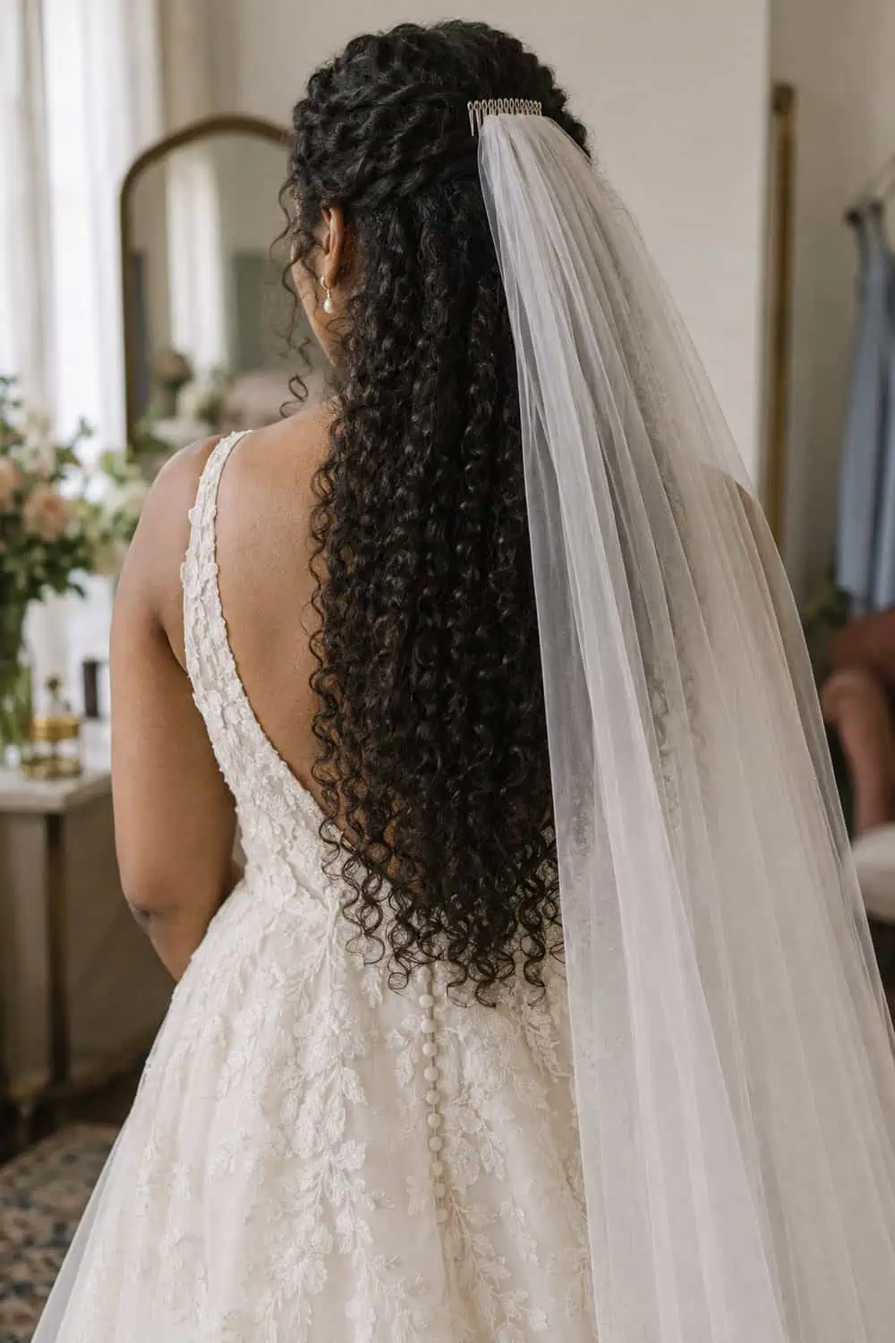 Kinky-Curly Length with Crown Veil wedding inspiration