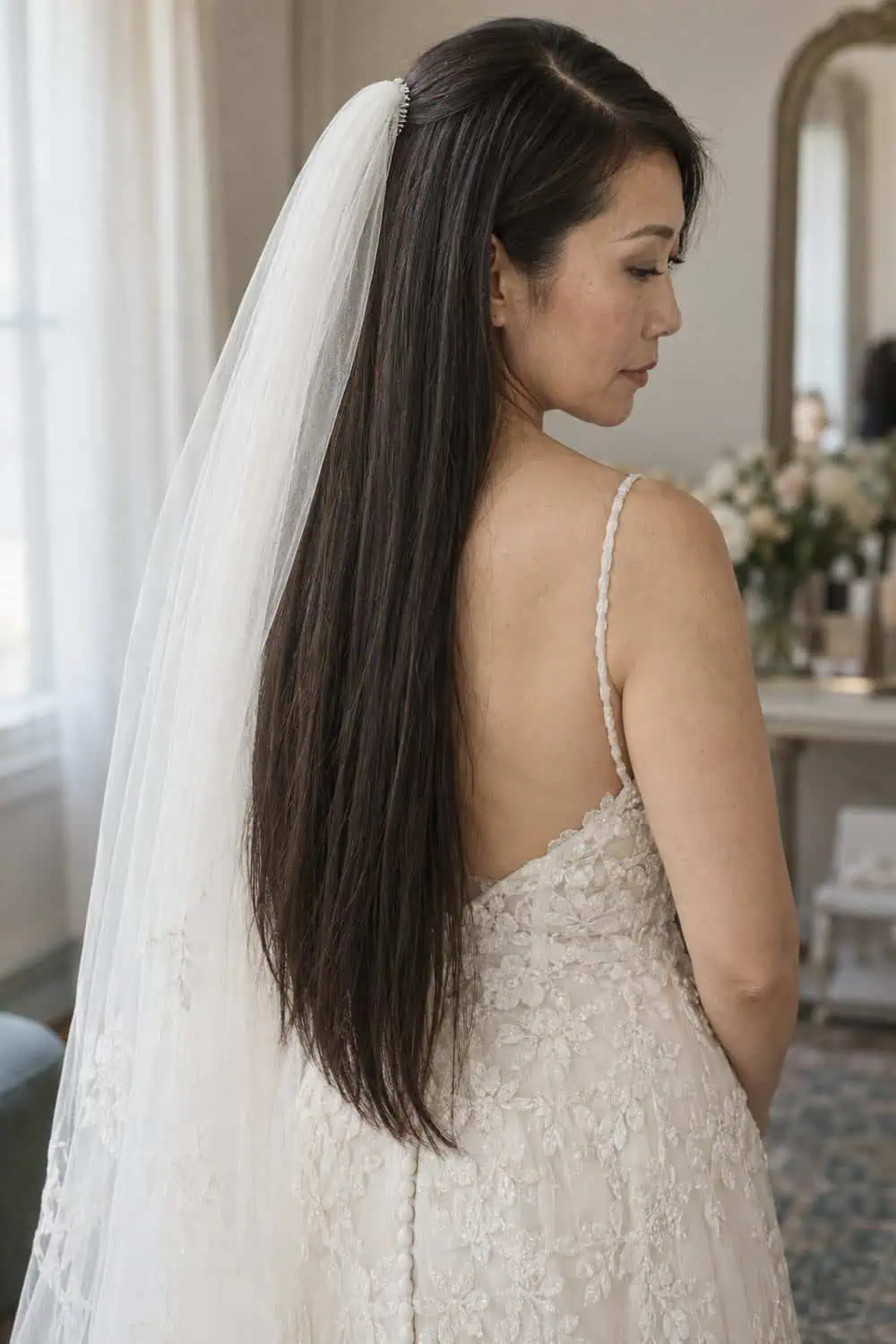 Long Straight Hair with Side-Part Veil wedding inspiration
