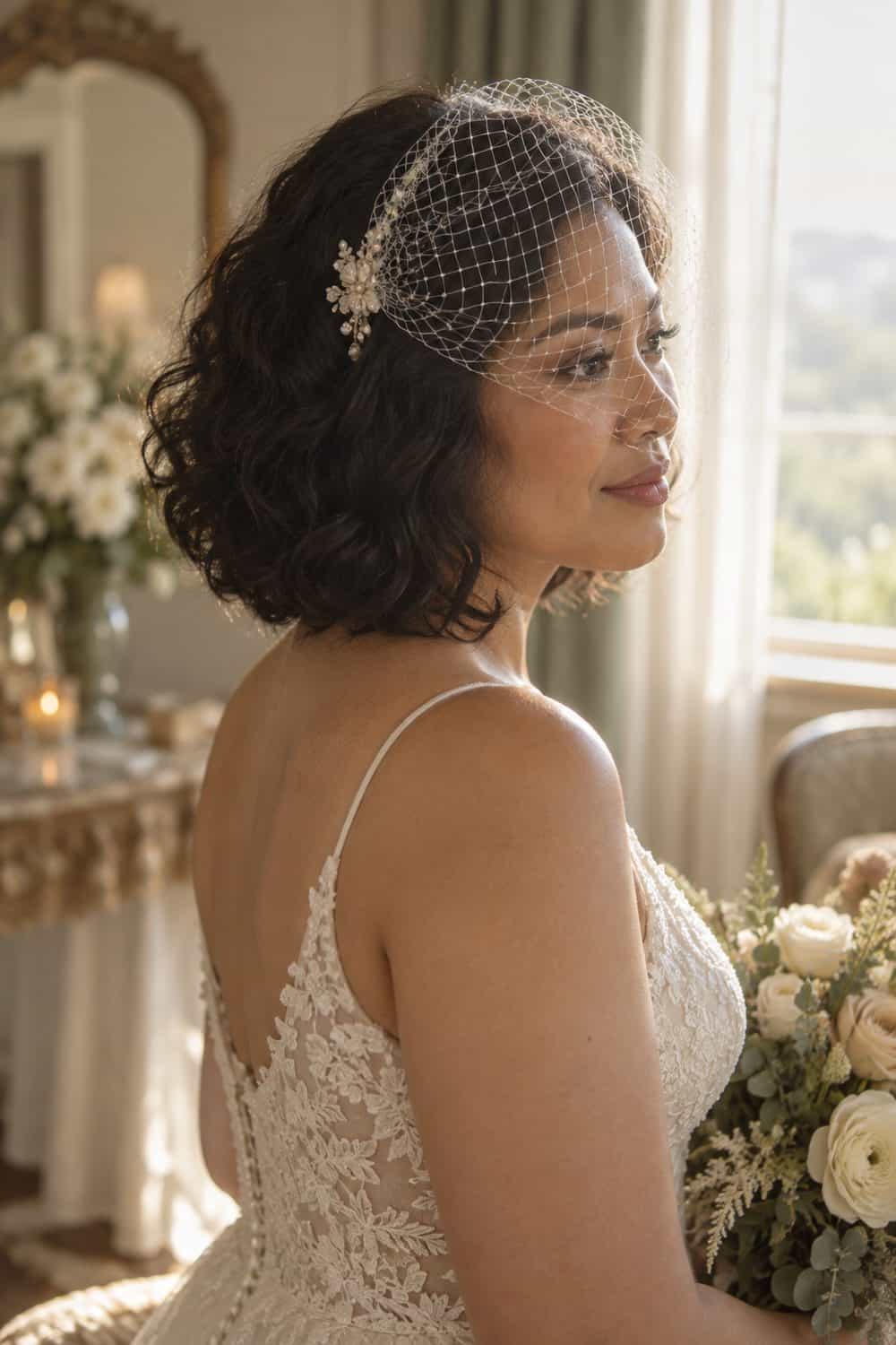 Loose Curly Bob with Birdcage Veil wedding inspiration