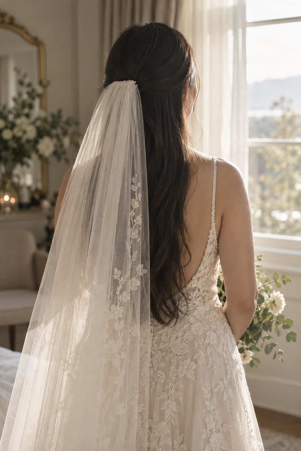 Straight Hair with Low Veil wedding inspiration