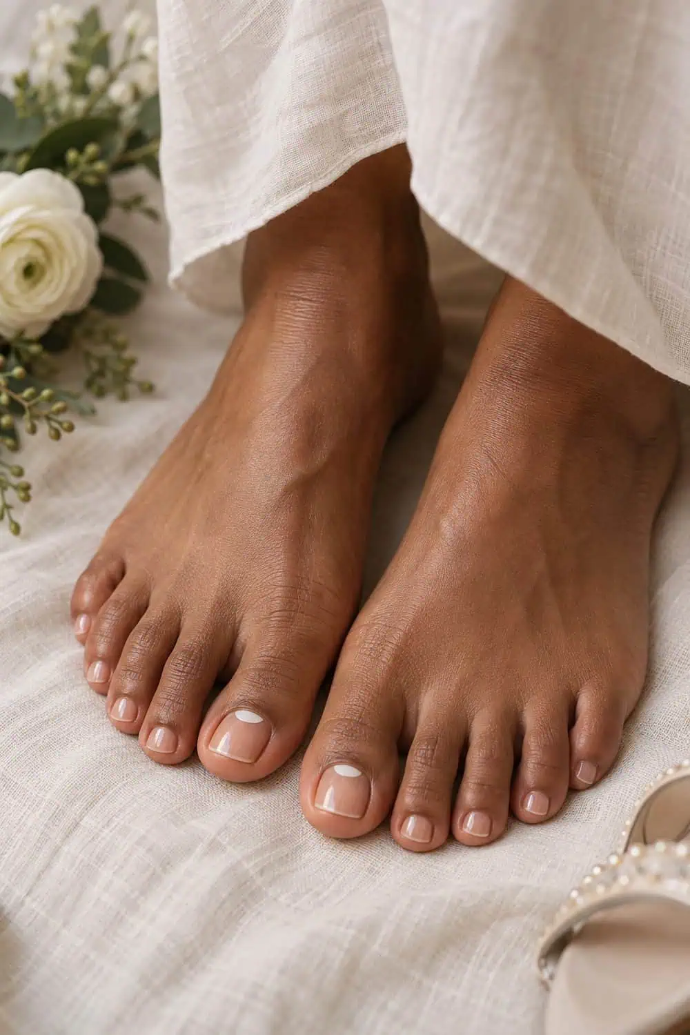 Bridal medium-deep brown feet with short toe nails, clear gloss on all toes and small ivory half-moons on big toes only, cream linen