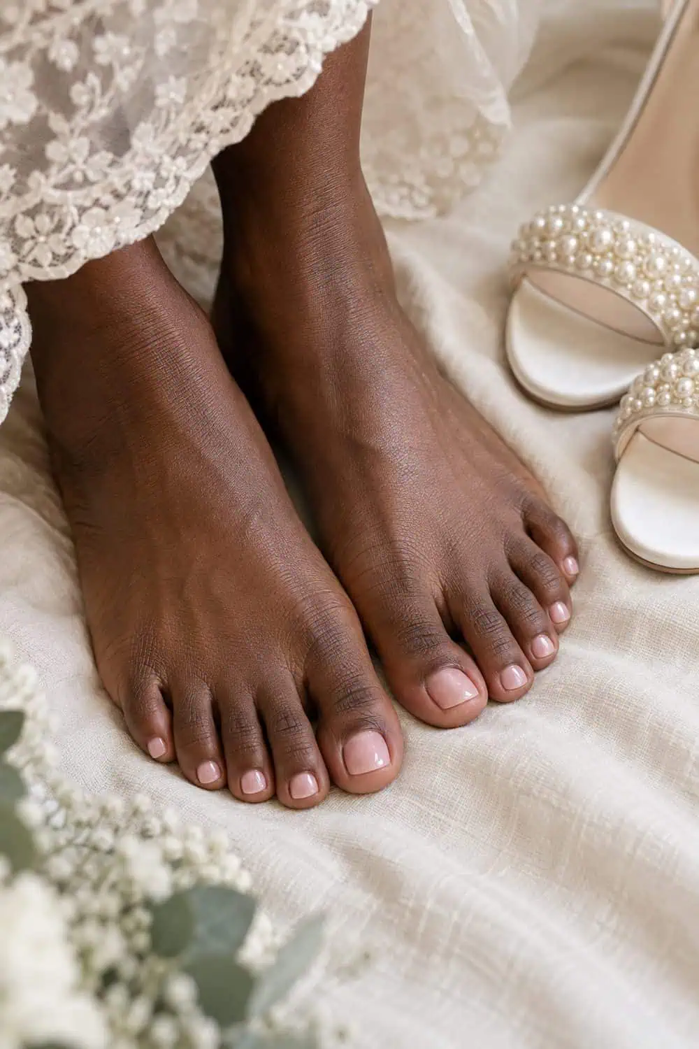 Bridal deep-brown feet with short rounded toe nails painted sheer blush pink, beside pearl-trim open-toe shoes on cream fabric