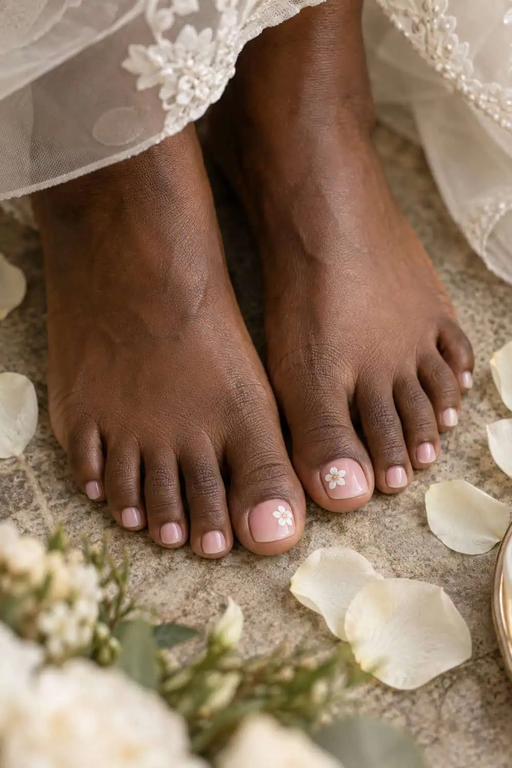 Bridal deep-brown feet with short toe nails painted sheer pink, one small white flower on each big toe only, ivory petals nearby