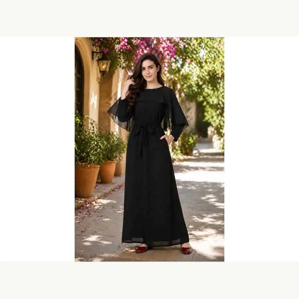 Black Cape-Sleeve Maxi Dress