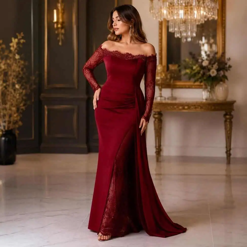 Burgundy Lace-Sleeve Evening Gown